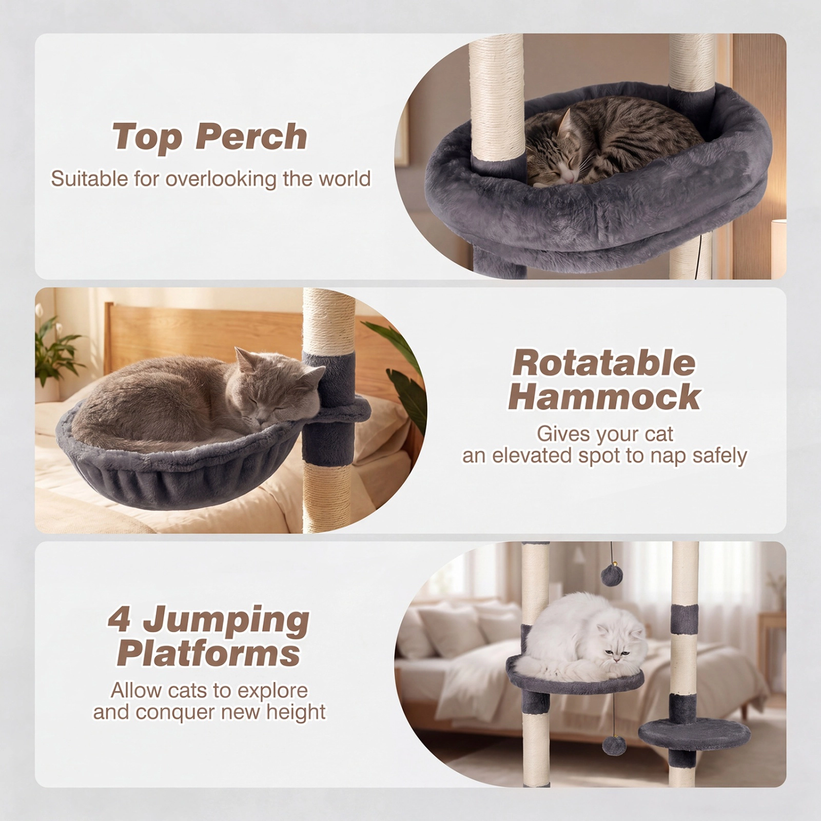SUGIFT Gray 6-Tier Floor to Ceiling Cat Tree with Rotatable Bed and Sisal Posts