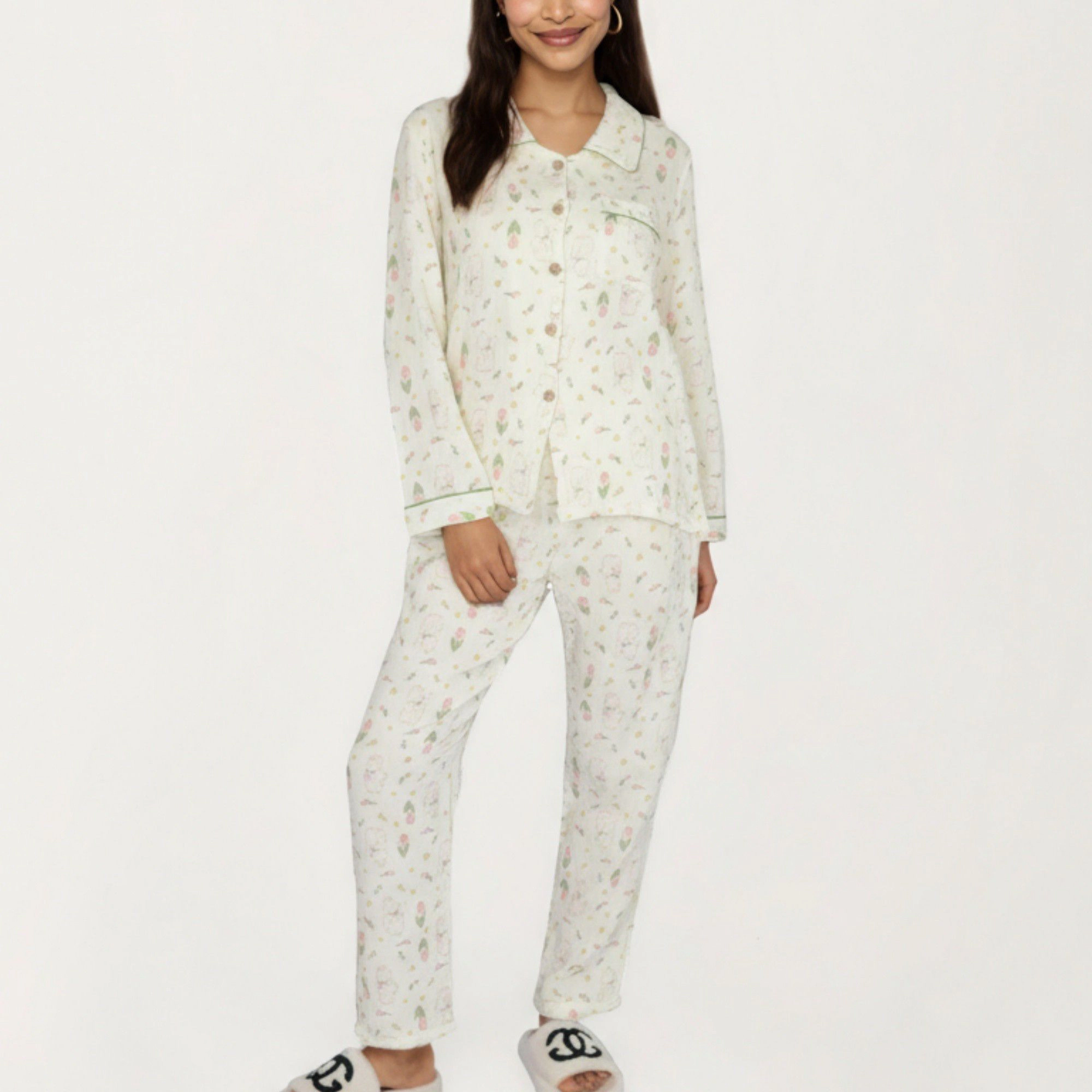 Anna-Kaci Women's 2-Piece Long Sleeve Button Front Top and Relaxed Fit Pants Pajama Set with Tulip Print