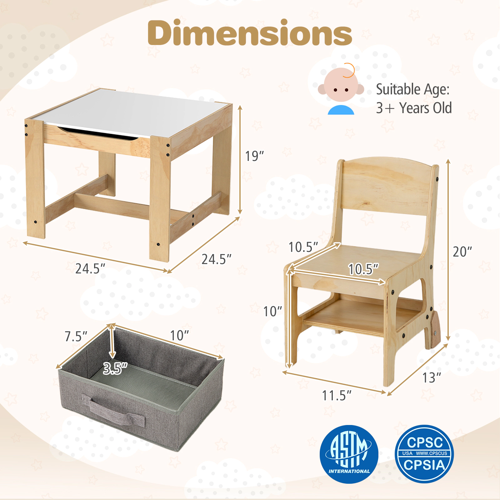 SUGIFT Gray Reversible Top and 2 Storage Drawers 3-in-1 Kids Table and 2 Chair Set