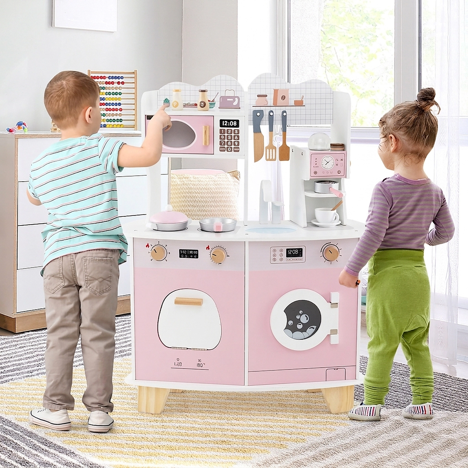 Wooden Kids Kitchen Playset with Coffee Maker Washing Machine Utensil Rack and Support Legs 28-in x 12-in x 35-in Pink