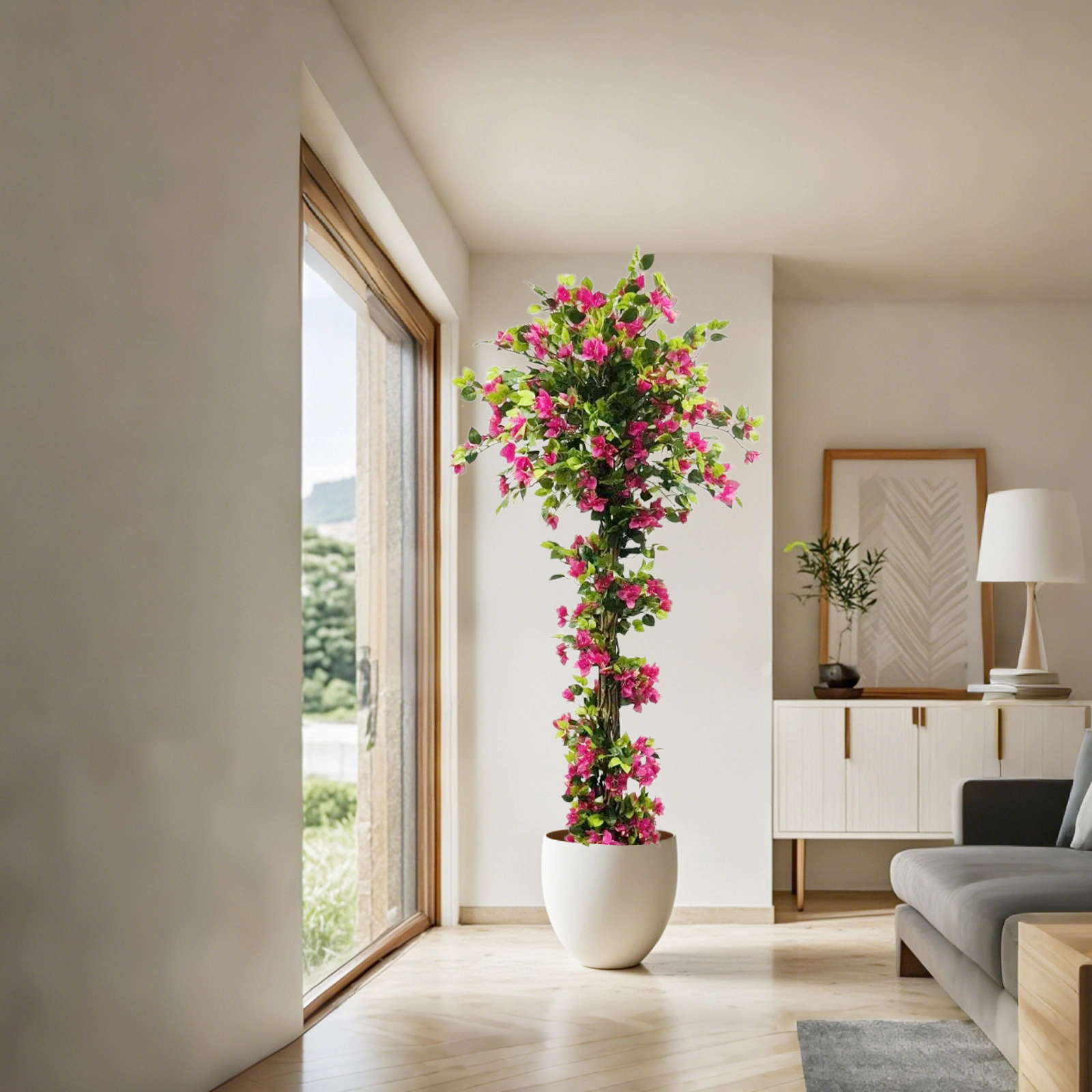 83in Artificial Bougainvillea Tree with Flowers, Realistic Faux Blooming Tree in Pot, Silk Flower Fake Plant