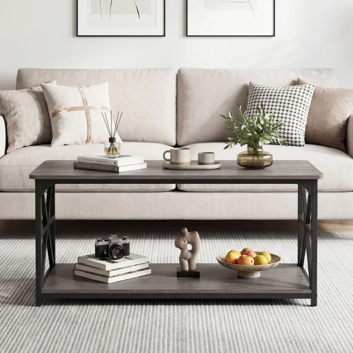 SlickBlue 2-Tier Coffee Table with X Frame Storage Shelf