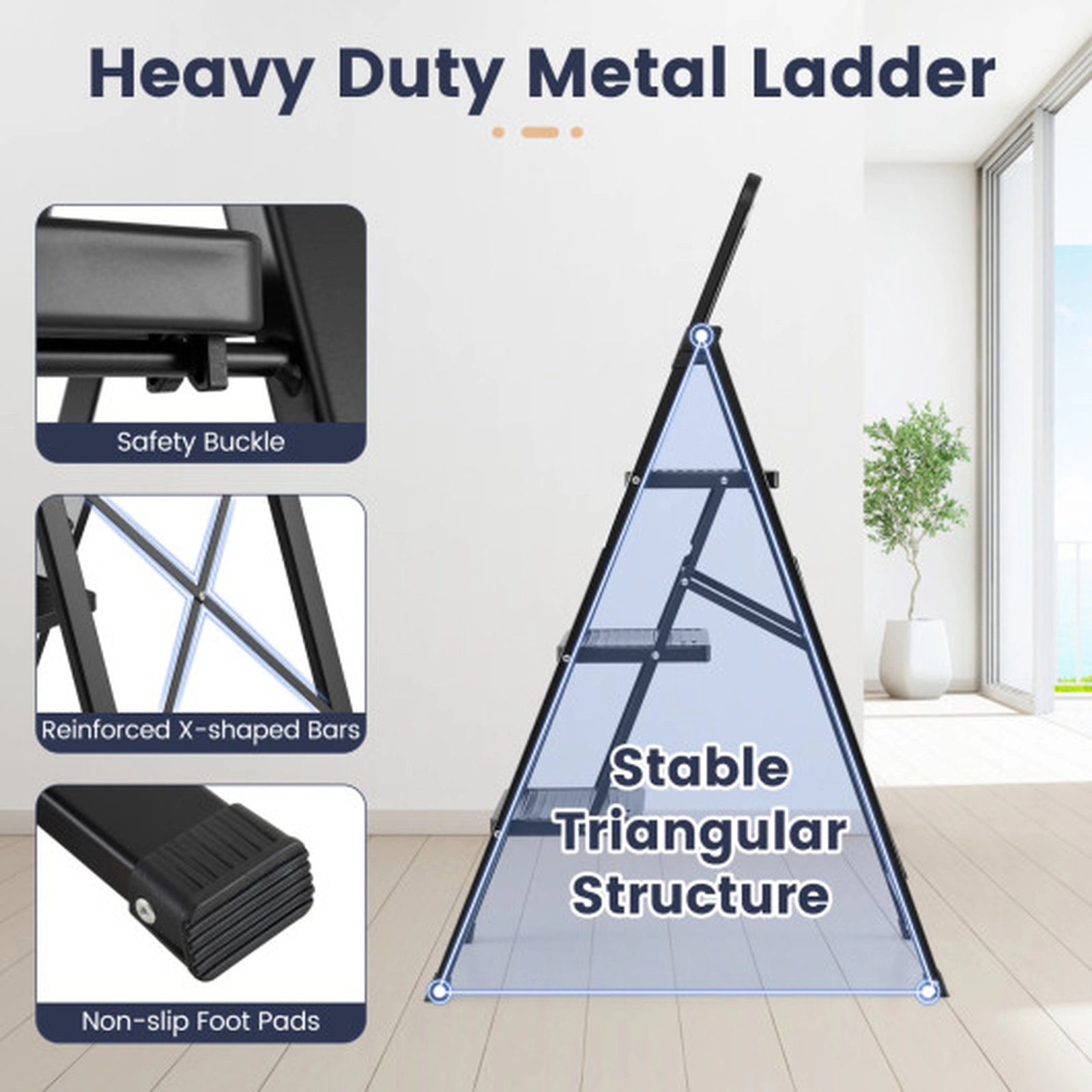 SUGIFT 3-Step Folding Step Stool with Wide Anti-Slip Pedals and Grip Handle 42-in H 330-lb User Capacity Black