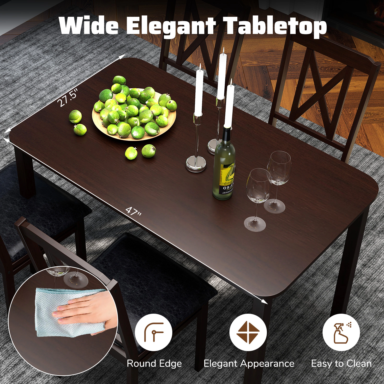 SUGIFT 5-Piece Dining Table Set for 4, 47-Inch Table, Faux Leather Chairs, Rubber Wood Legs