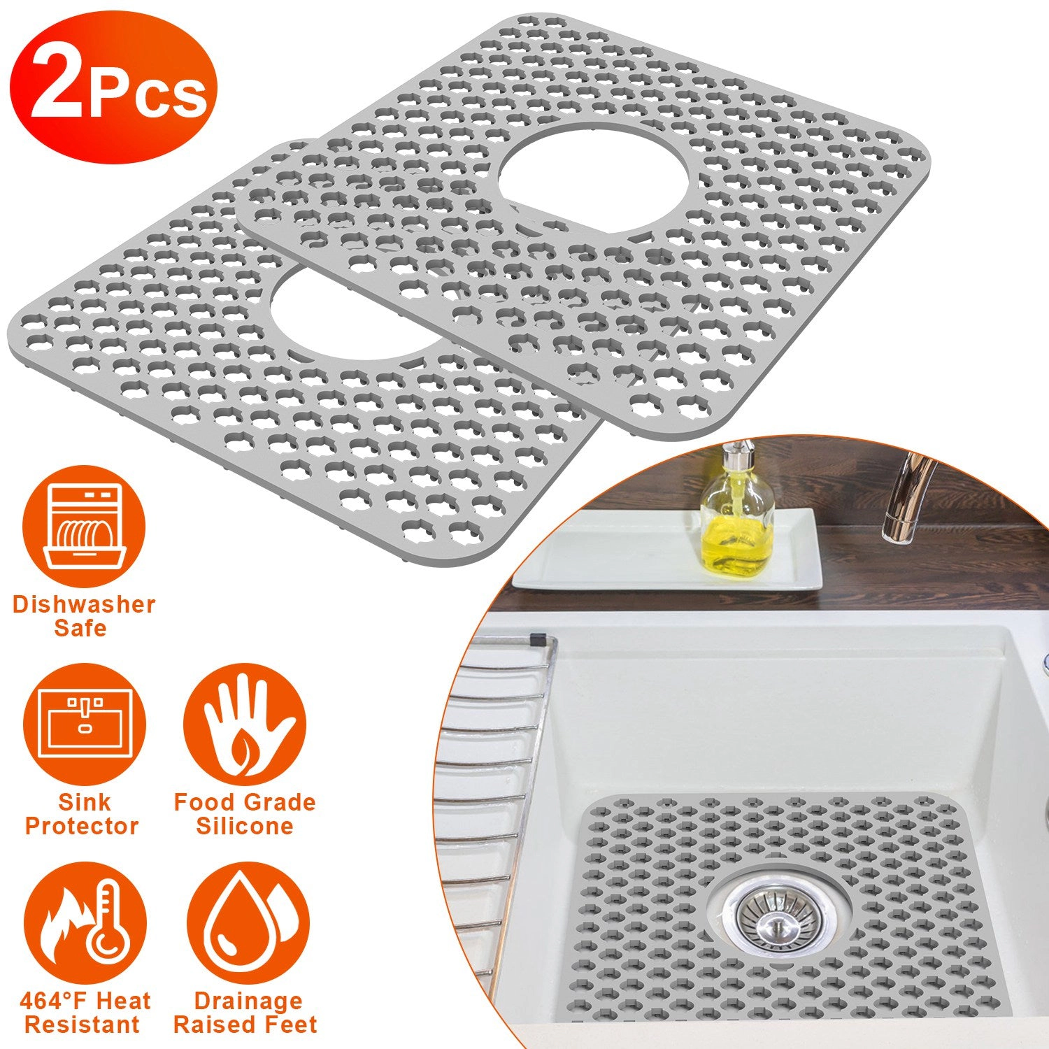 GBruno 2-Piece Silicone Sink Mat With Drain Hole