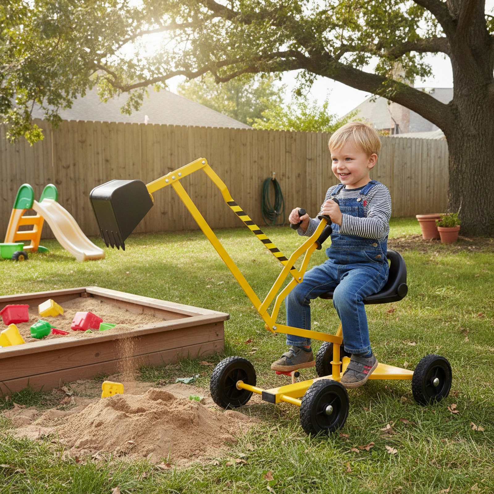 Kids Sandbox Toy Digger Ride-On Excavator Dual Lever Controls Fine Motor Skills 360-Degree Seat 110-lb Ages 3+ Yellow