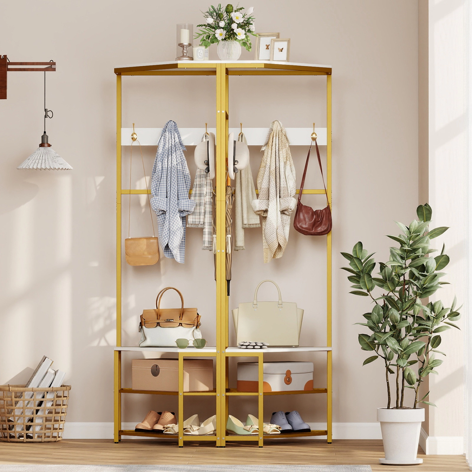 SUGIFT Right-Angle Corner Hall Tree Freestanding Coat Rack with Storage Shelves & Removable Hooks 220-lb Capacity White