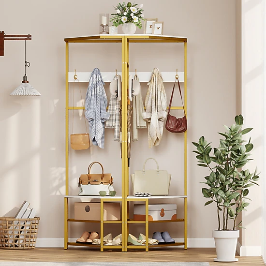 SUGIFT Right-Angle Corner Hall Tree Freestanding Coat Rack with Storage Shelves & Removable Hooks 220-lb Capacity White