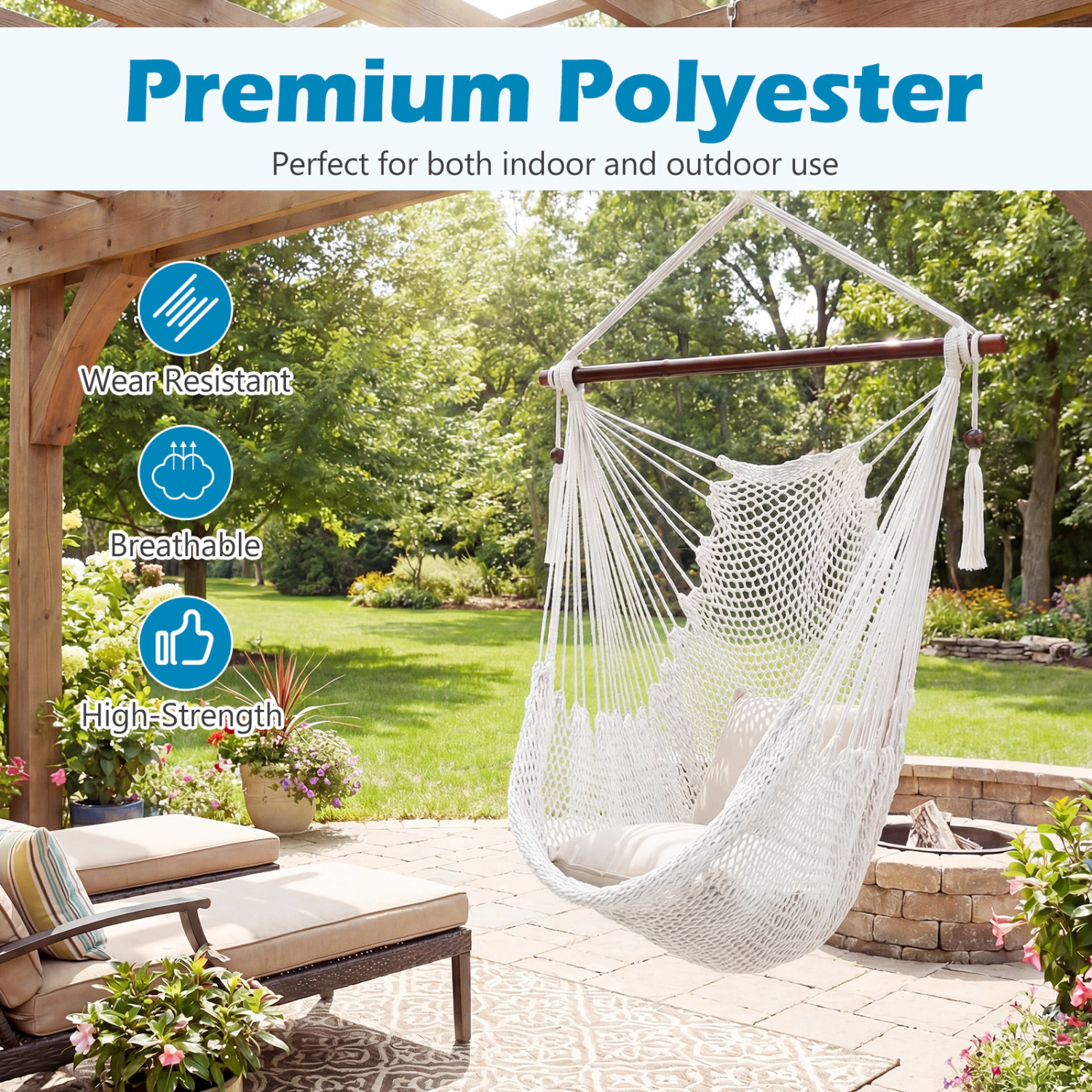 LJG Caribbean Hammock Chair with Metal Spreader Bar Woven Rope Swing