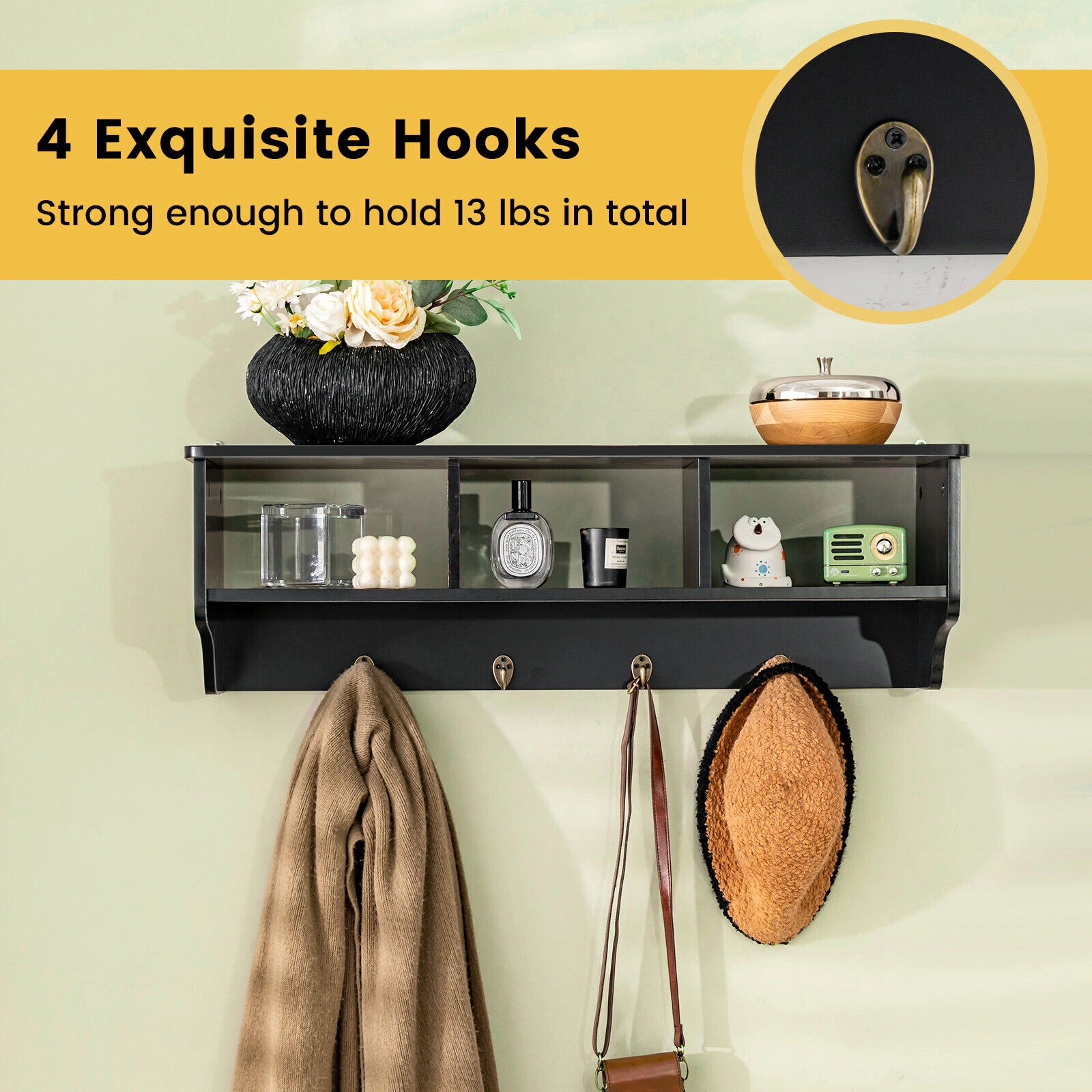 SUGIFT Black 31-in Wide Wall Mount Entryway Coat Rack Cubby Organizer with 4 Hooks and Display Shelf