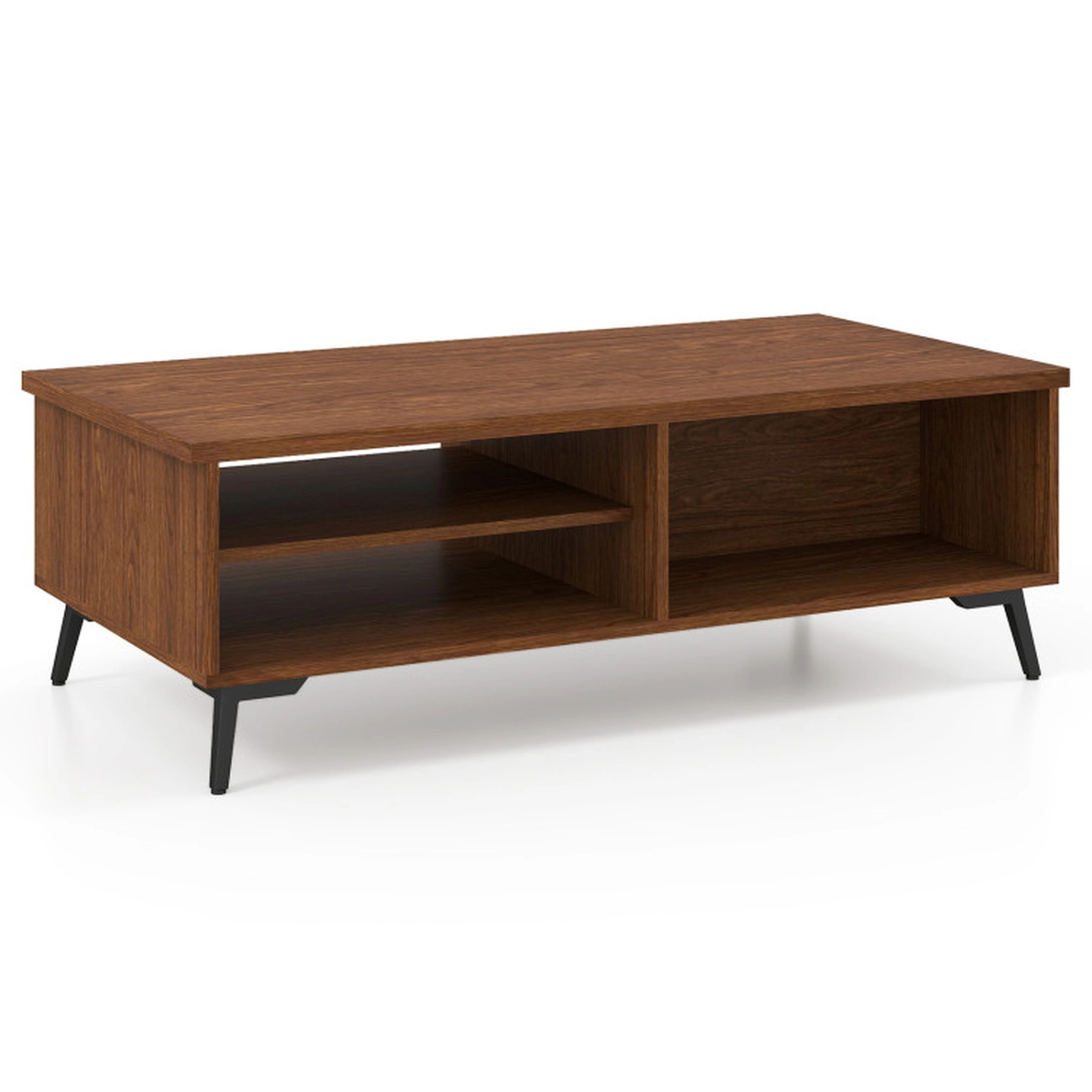 SUGIFT 47-in 176-lb Capacity 2-Tier Mid Century Modern Walnut Coffee Table with Metal Legs and Side Compartments