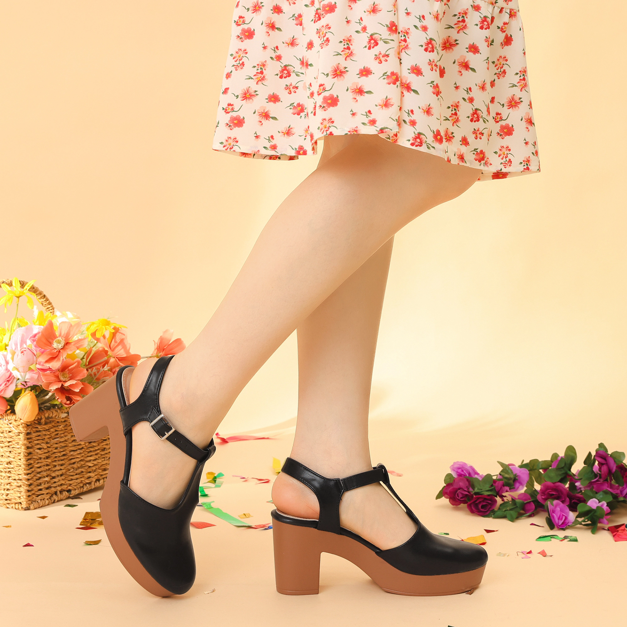 BLISSFUL STEP Women's T-Strap Chunky Heels Round Toe Platform Sandals