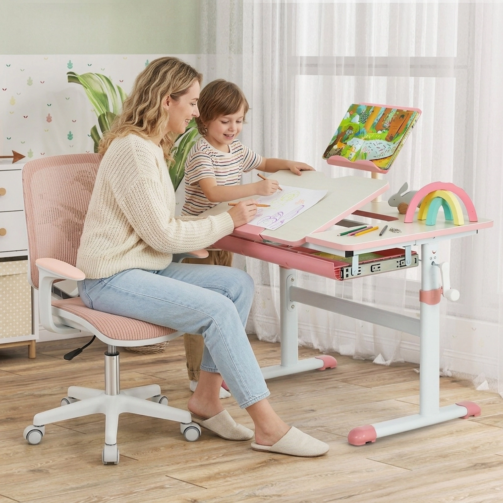 SUGIFT Pink Kids Desk Chair, Adjustable Mesh Study Chair with Swivel and Sit-Brake Casters