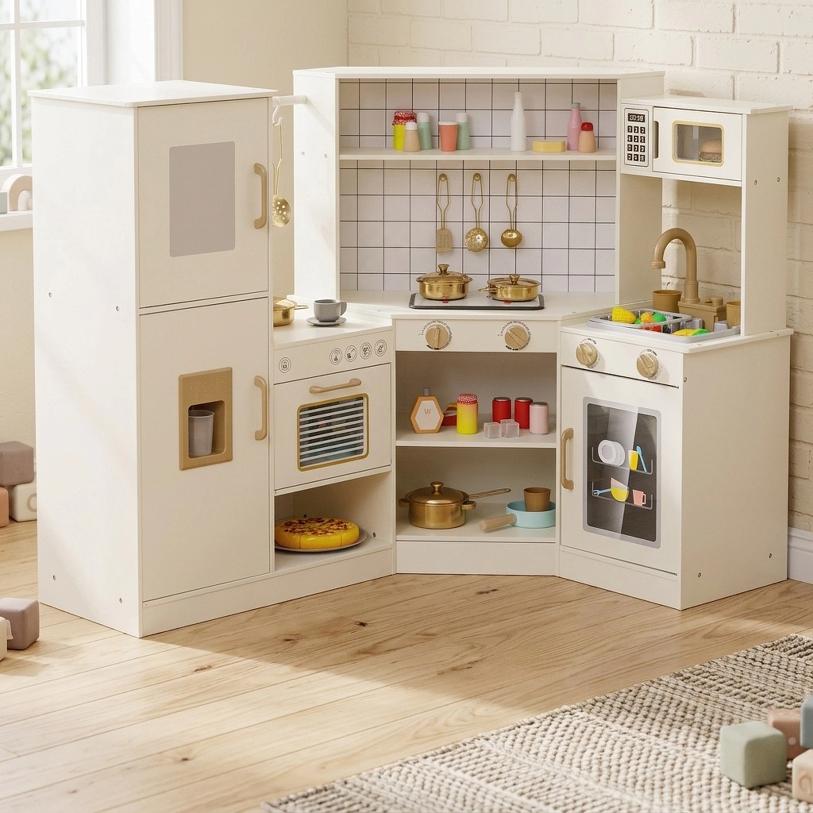 Corner Kids Play Kitchen Water Circulation 2 Lighted Stoves Dishwasher Ice Dispenser 53-in x 28-in x 35.5-in Beige