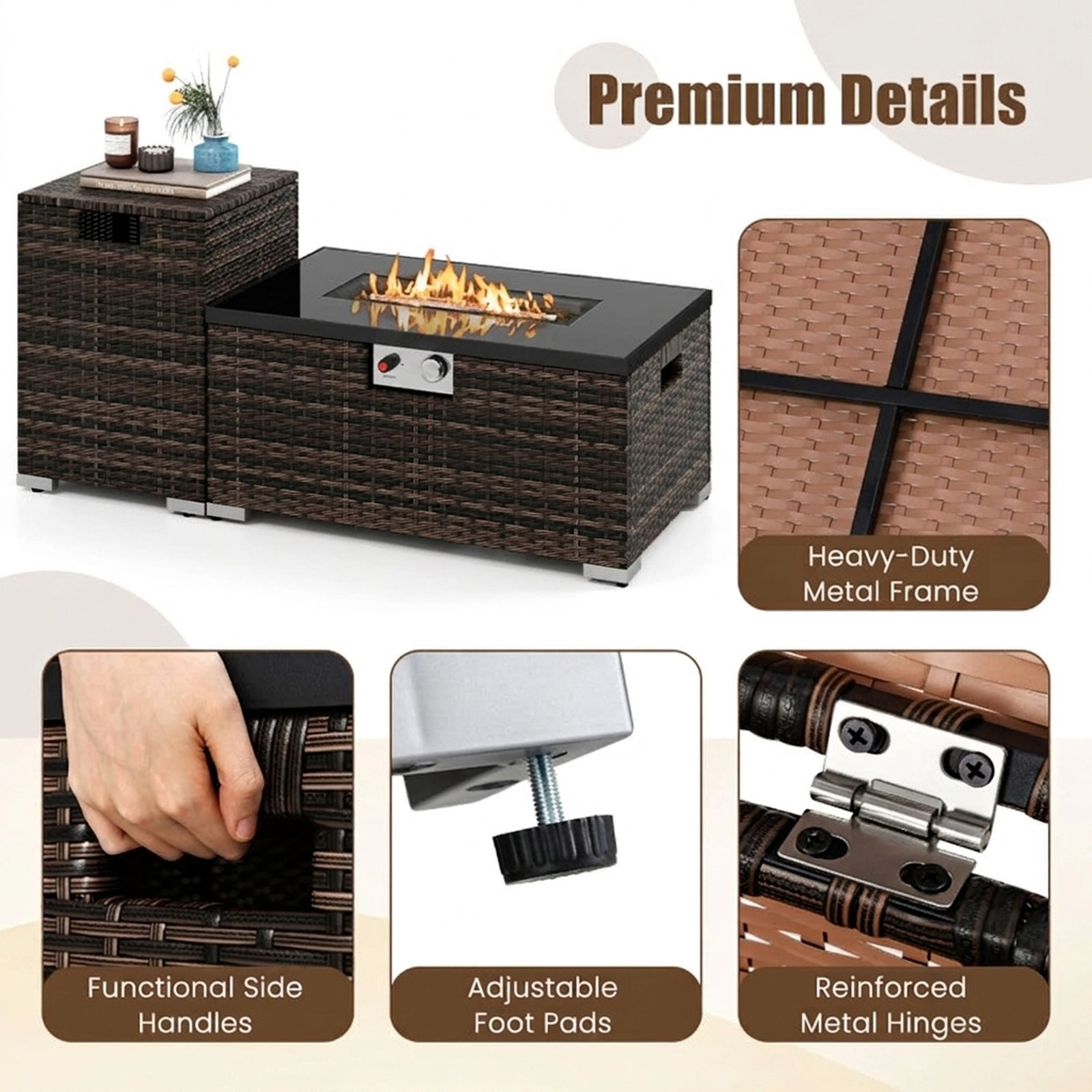 SUGIFT 2-Piece 32-in Rectangle 40000-BTU Propane Gas Fire Pit Table Set with PE Rattan and Tank Cover