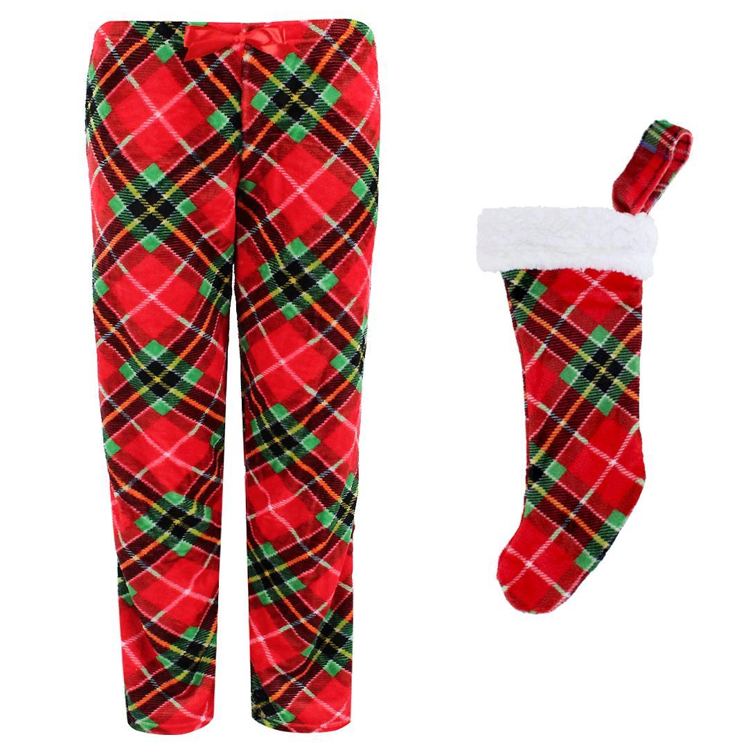 Weekending Juniors Girls Plaid Holiday Plush Pant with Stocking Set