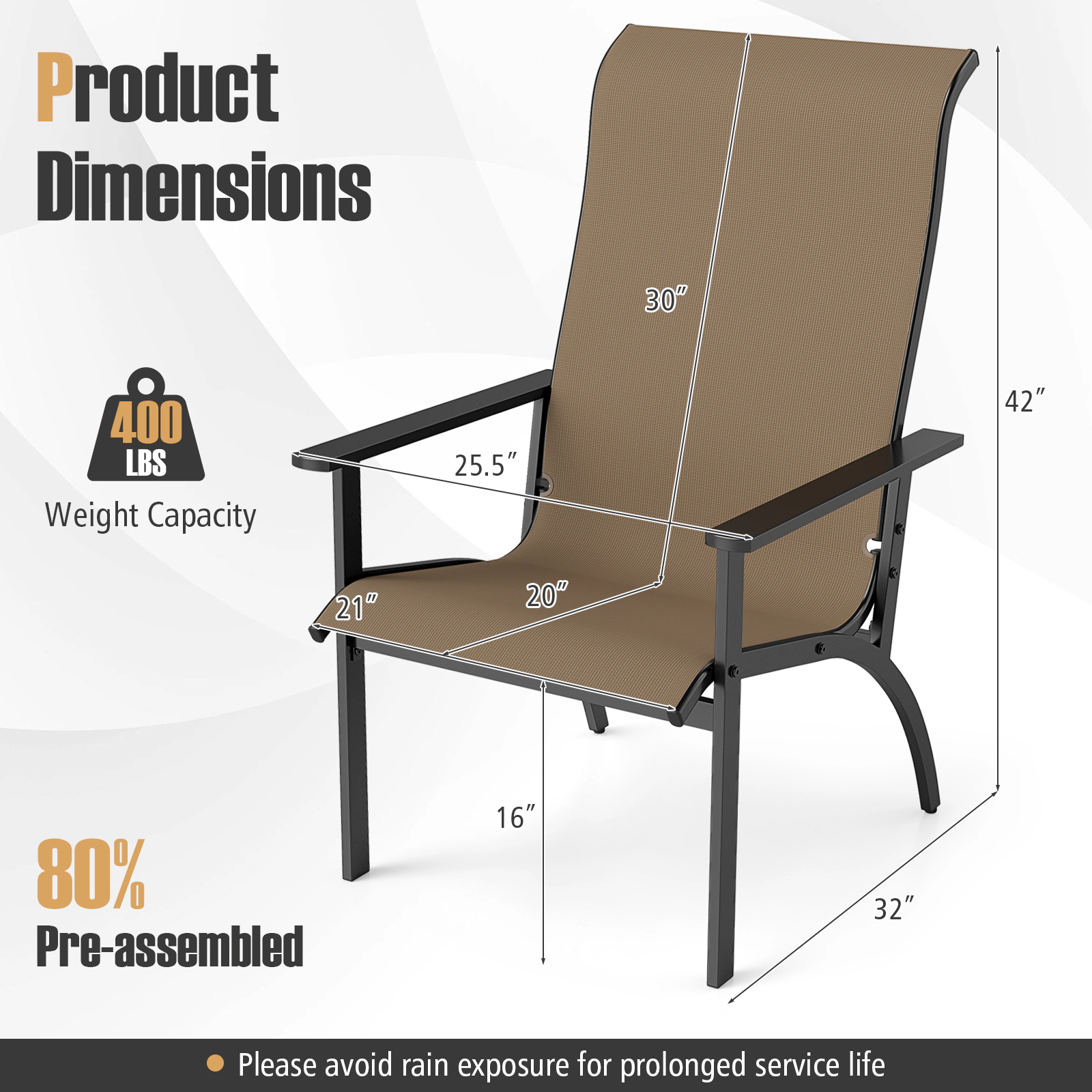 SUGIFT Breathable Fabric Outdoor Adirondack Chair with High Back and Metal Frame 400-lb Capacity Coffee