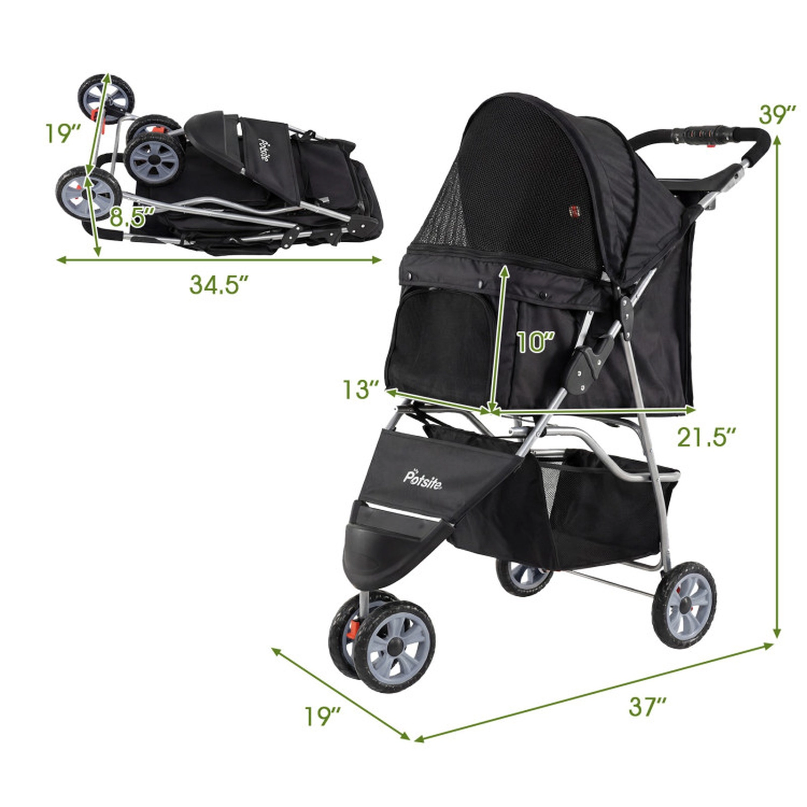 SUGIFT 3-Wheel Pet Stroller Pet Bed for Small Dogs and Cats 33-lb Capacity Black/Beige