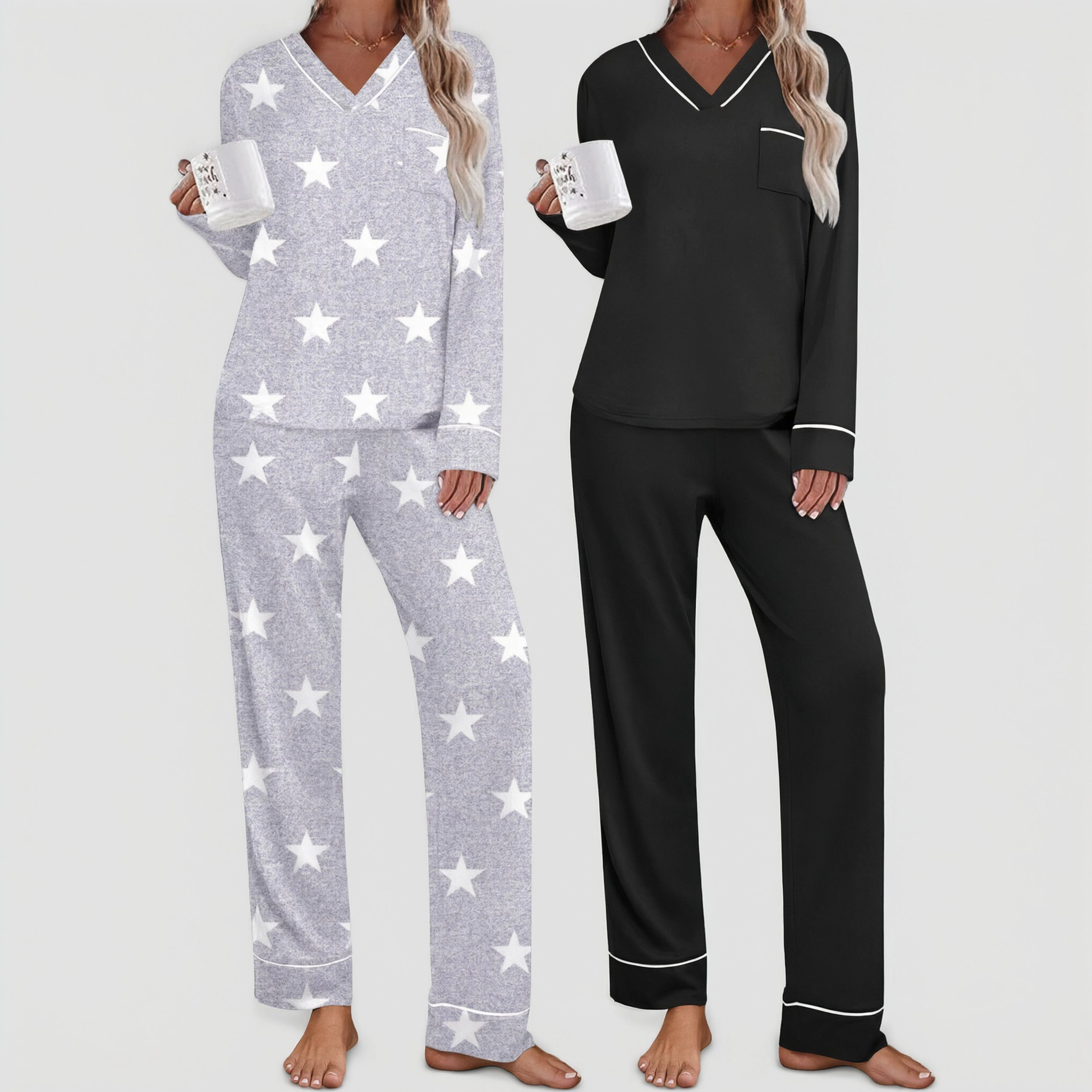 Ekouaer Women's V Neck Long Sleeve Pajamas Set 2 Piece Sleepwear