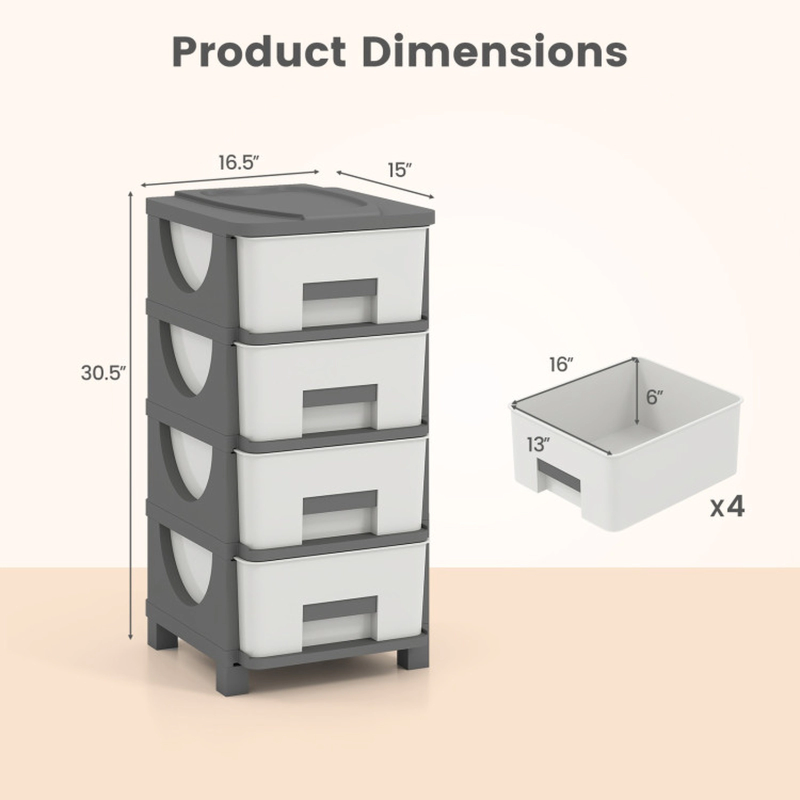 SUGIFT Gray Tabletop for Bedroom 4-Drawer Plastic Storage Organizer Cabinet