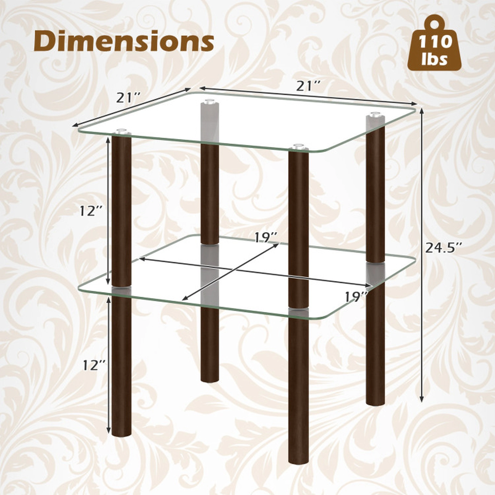 SUGIFT 2-Tier Square End Table with Shelf and Clear Tempered Glass Top 110-lb Capacity 21-in Square Frame Brown