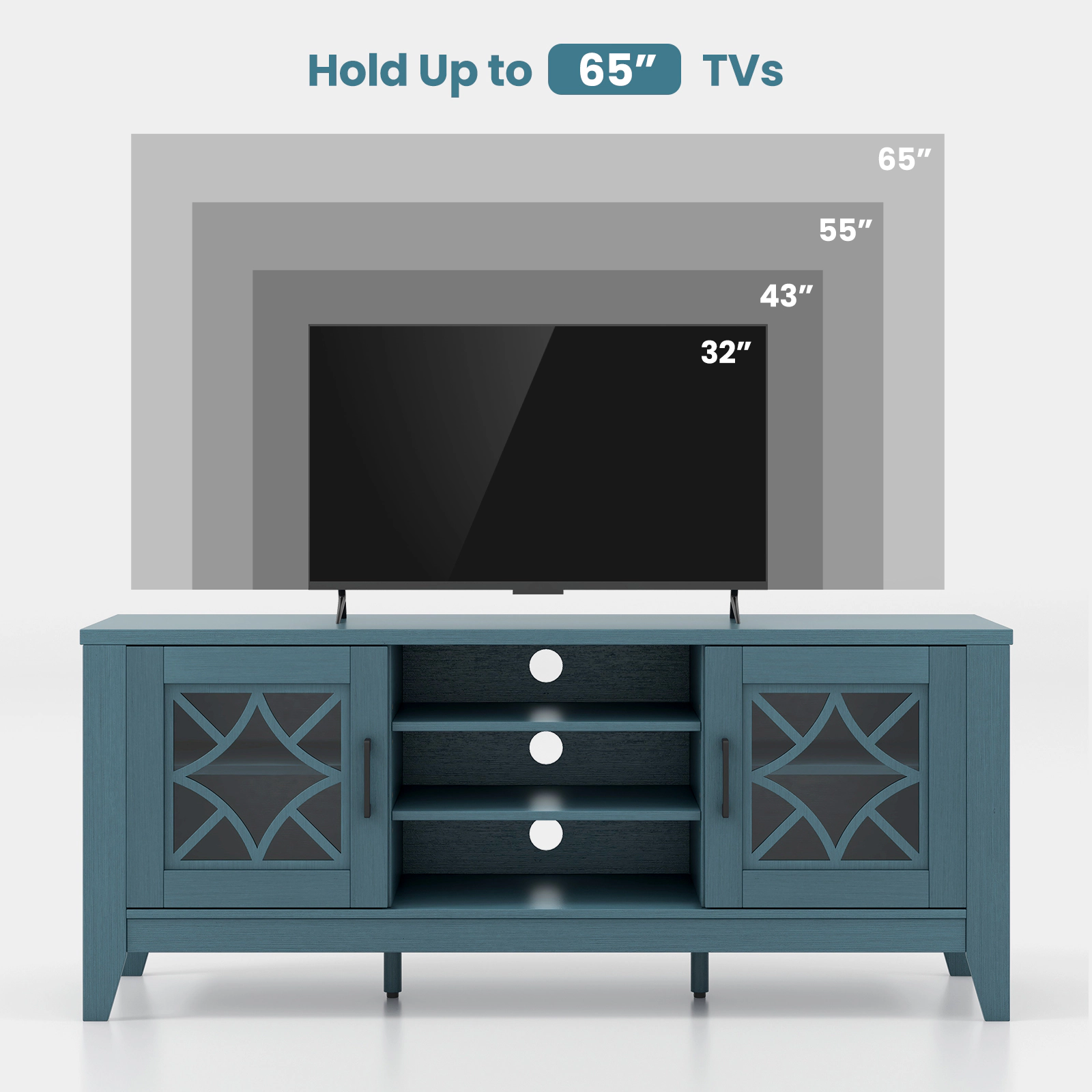 SUGIFT Farmhouse TV Stand for TVs Up to 65 Inches with Adjustable Shelves 200-lb Tabletop Capacity Teal Blue