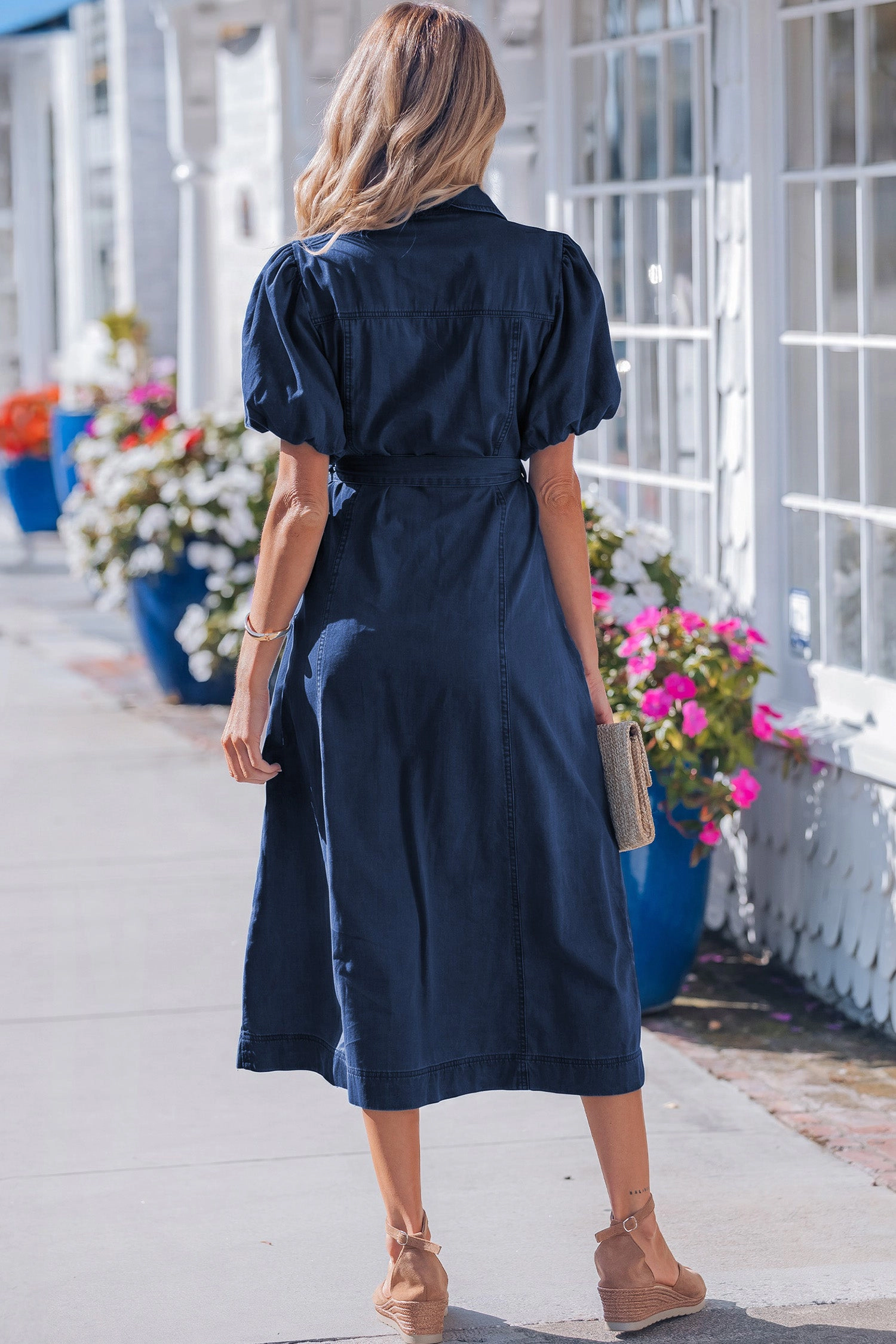 Threaded Pear Womens Makayla Bubble Sleeve Button-Down Midi Dress, Sail Blue