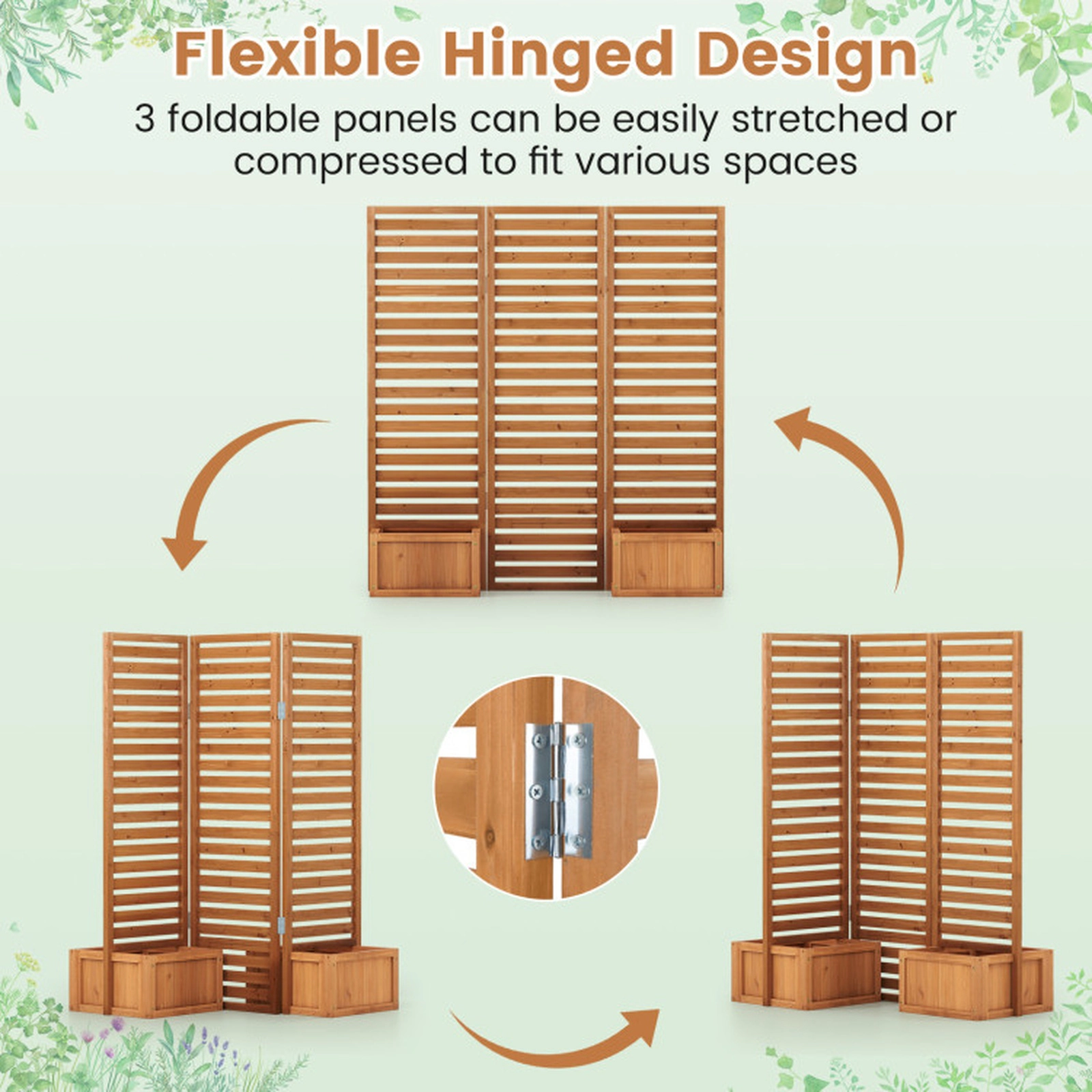 SUGIFT 3-Panel Yellow Fir Wood Garden Privacy Fence with 2 Self-Draining Planter Boxes 62-in W 20-in D 66-in H