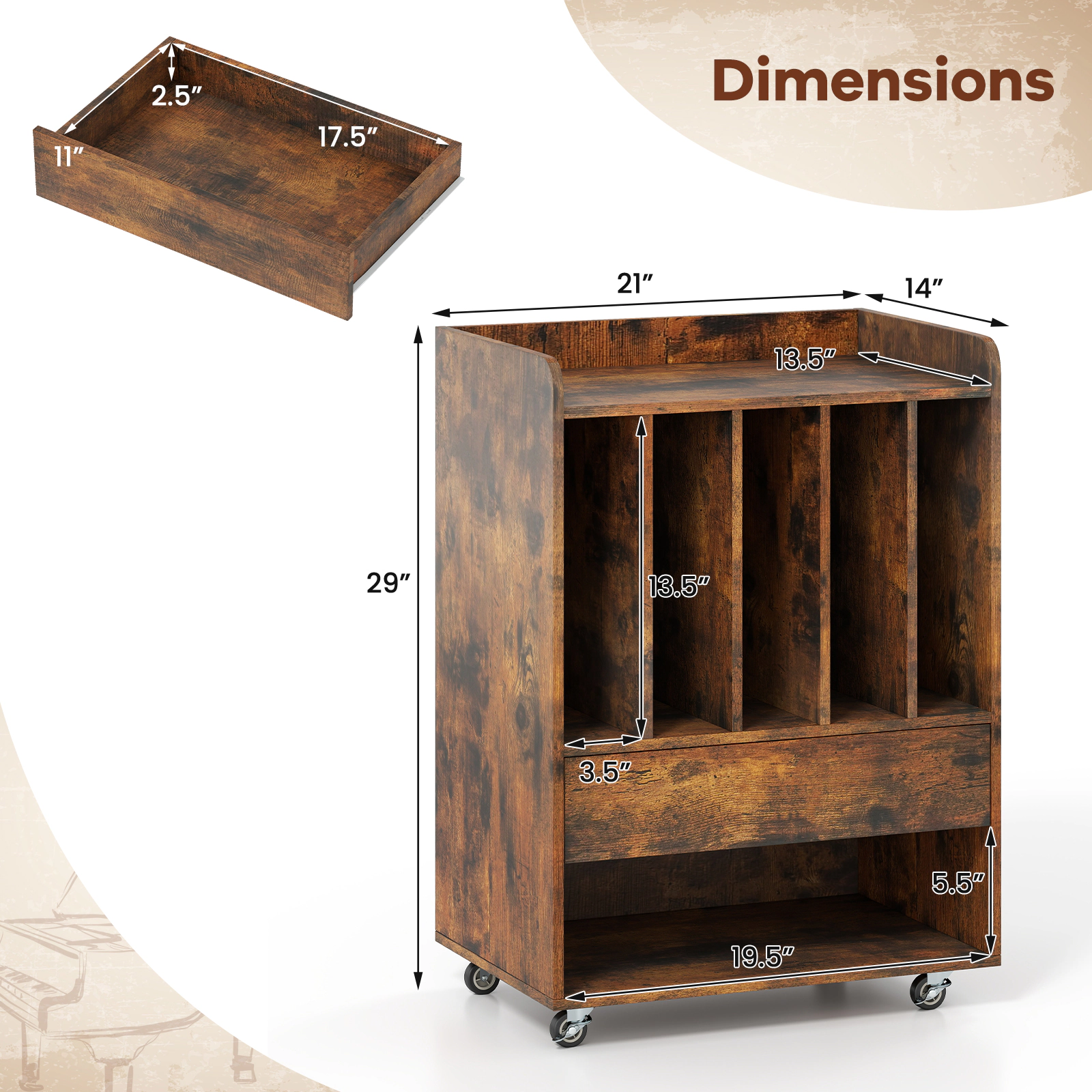 SUGIFT Record Player Stand Turntable Accent Cabinet with Drawer and Record Holder 66-lb Tabletop Capacity Brown