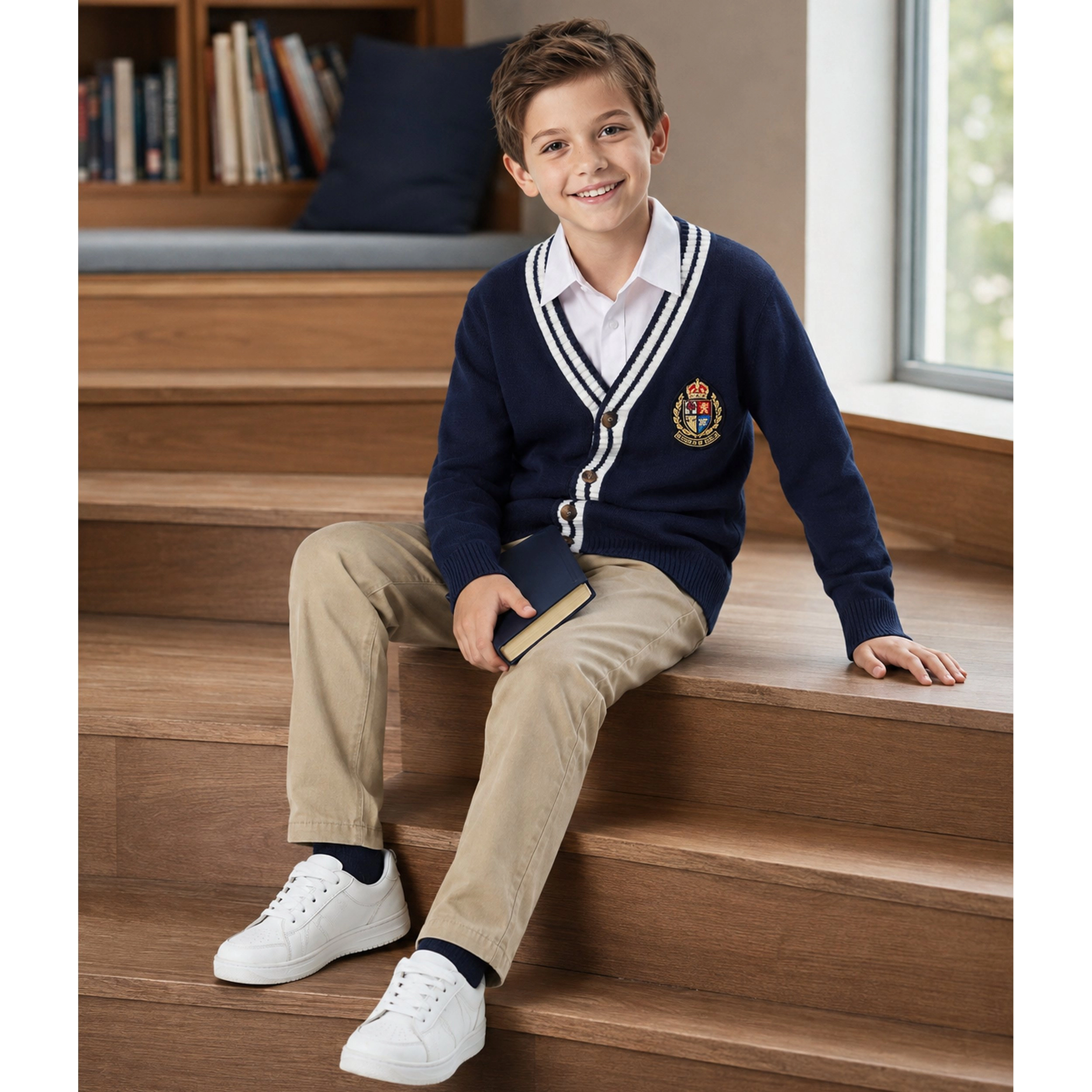 Arshiner Boy's V-Neck Button-Front Knit Cardigan with Embroidered Badge