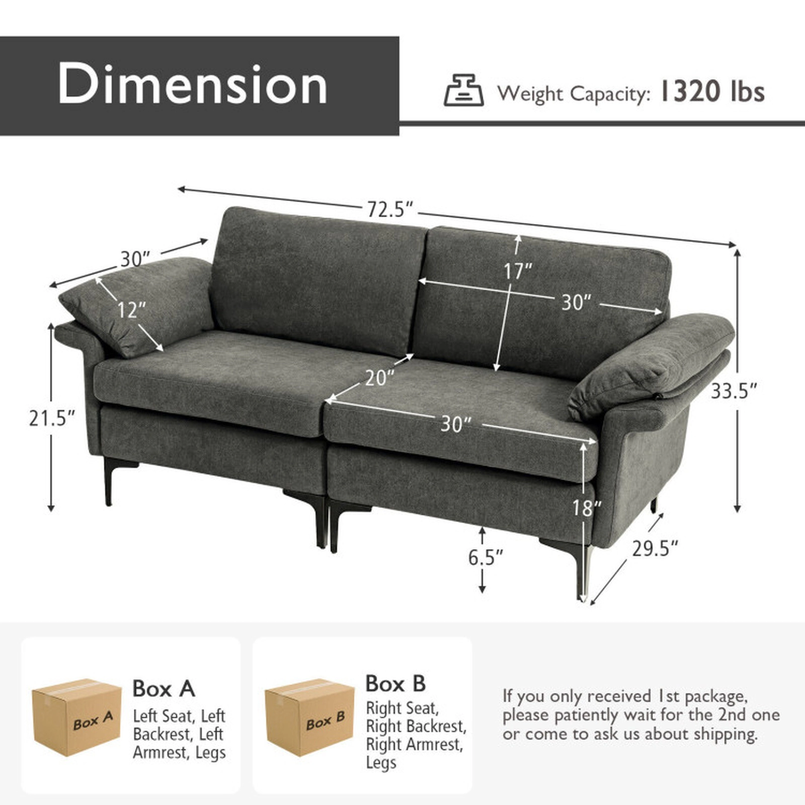 SUGIFT Gray 72.5-In Modern Linen 2-Seater Loveseat Sofa with Metal Legs