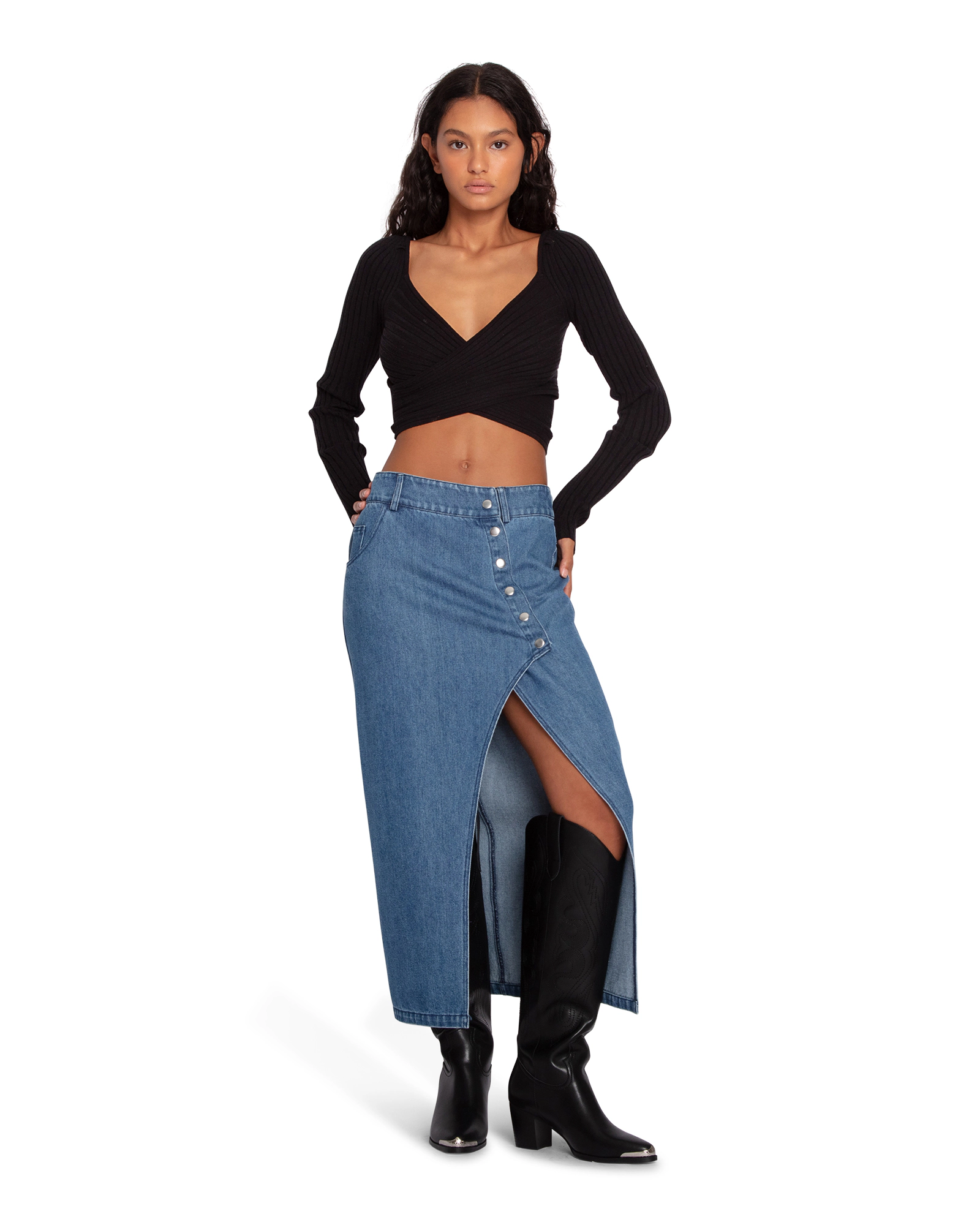 Belle & Bloom Womens Can't Forget You Denim Midi Skirt