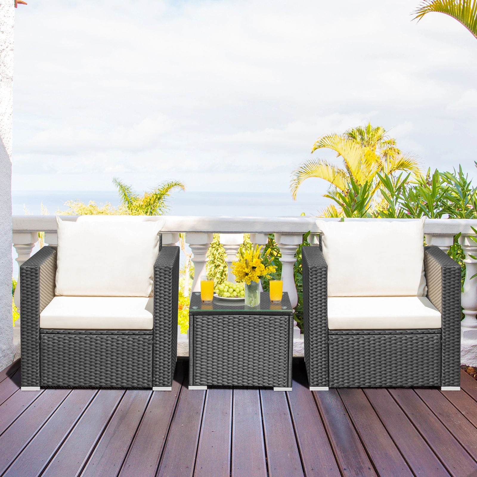 SUGIFT 3-Piece Black Wicker Patio Conversation Set with Deep-Seat Sofas, Cushions and Glass Table