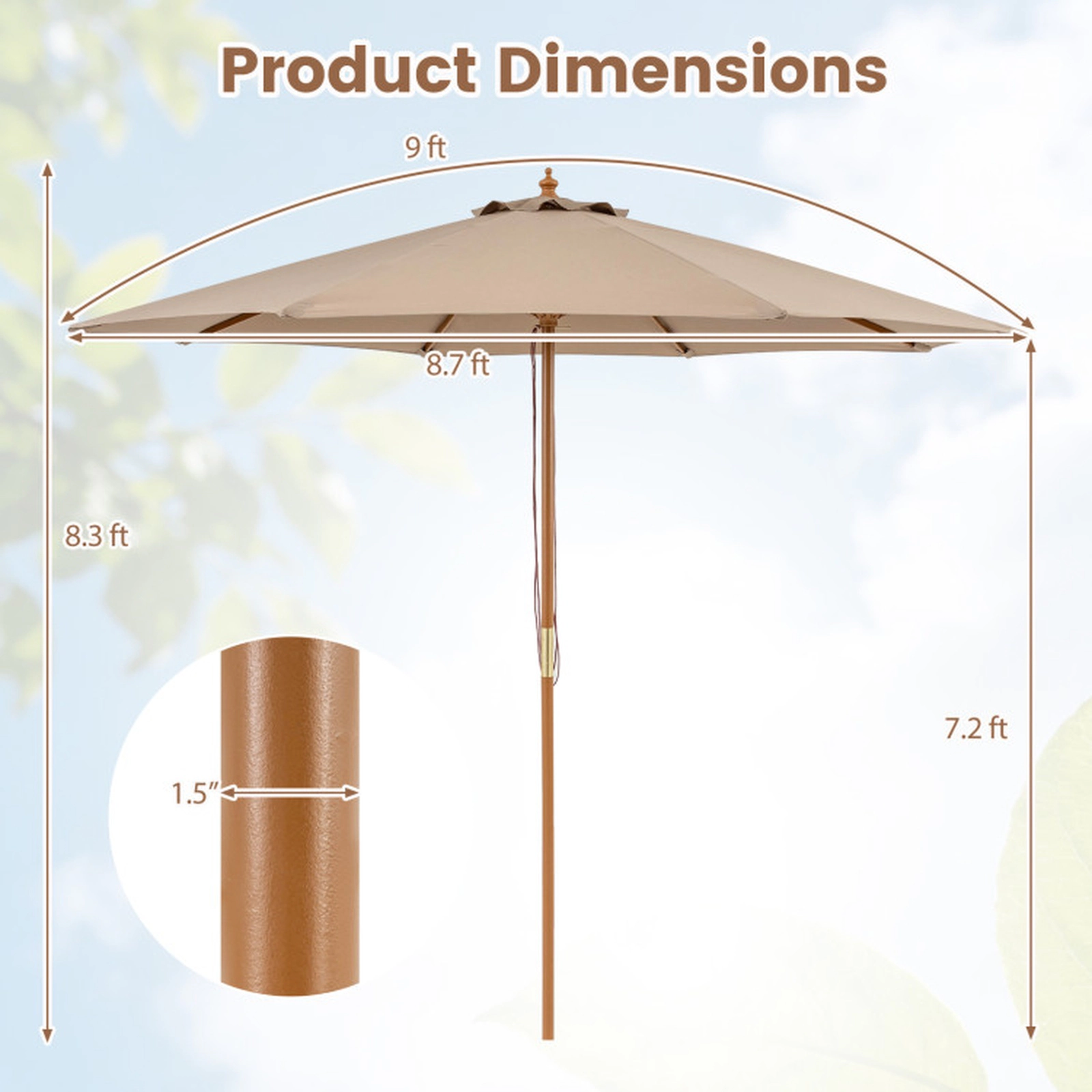 SUGIFT 9-ft Brown Bamboo Market Patio Umbrella, 8-Rib Outdoor Table Umbrella with Air Vent and Safety Latch