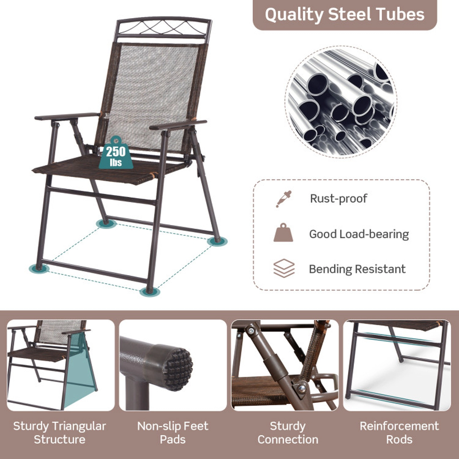 SUGIFT Set of 4 Folding Textilene Steel Frame Patio Sling Chairs 22.4-in x 26.8-in x 36.6-in 250-lb Capacity Coffee
