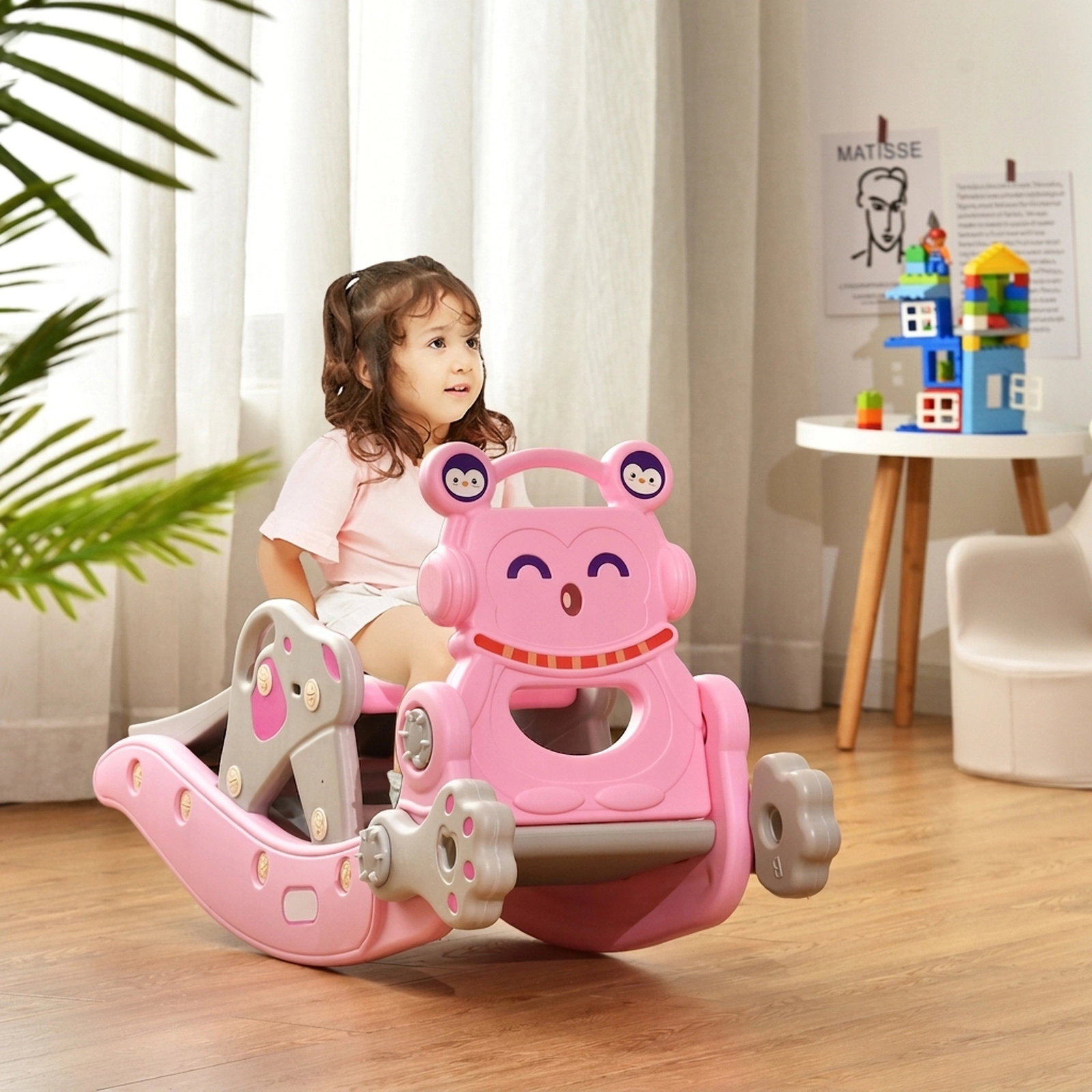 4-in-1 Toddler Slide and Rocking Horse Set Basketball Hoop Ring Toss and Detachable Seat 132-lb Capacity Ages 1-5 Pink