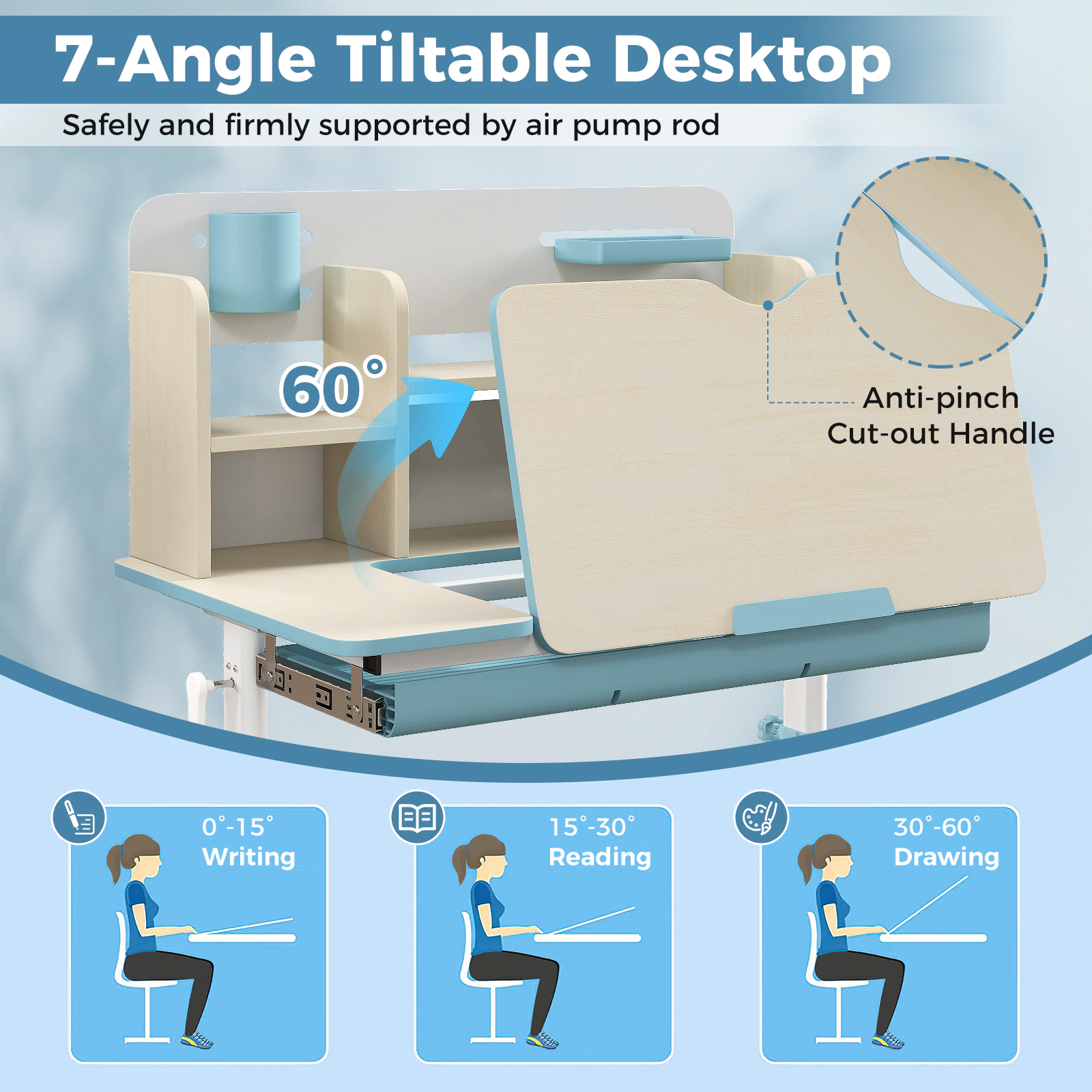 SUGIFT 7-Level Tilt Desktop and Hutch for Ages 3-12 Height Adjustable Kids Study Desk