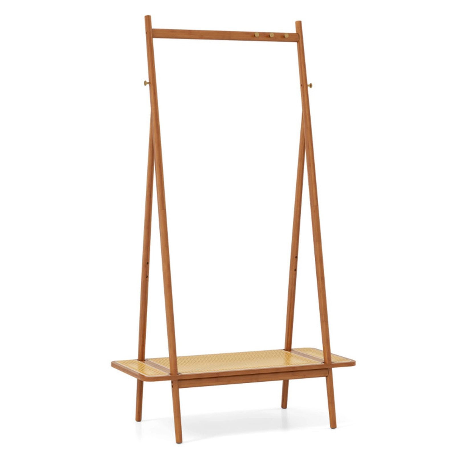 SUGIFT Bamboo Clothes Rack with Hanging Rod Rattan Shelf and Hooks