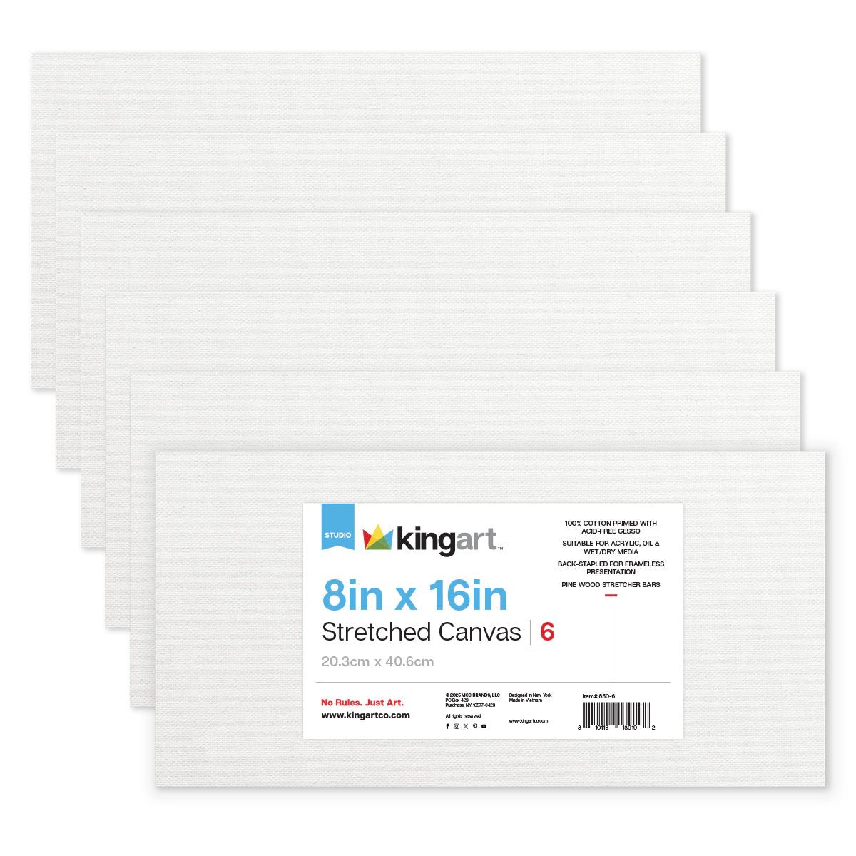 KINGART Stretched Canvas Set 8" x 16" Rectangle - 100% Cotton, Pre-Primed, 6 Pack