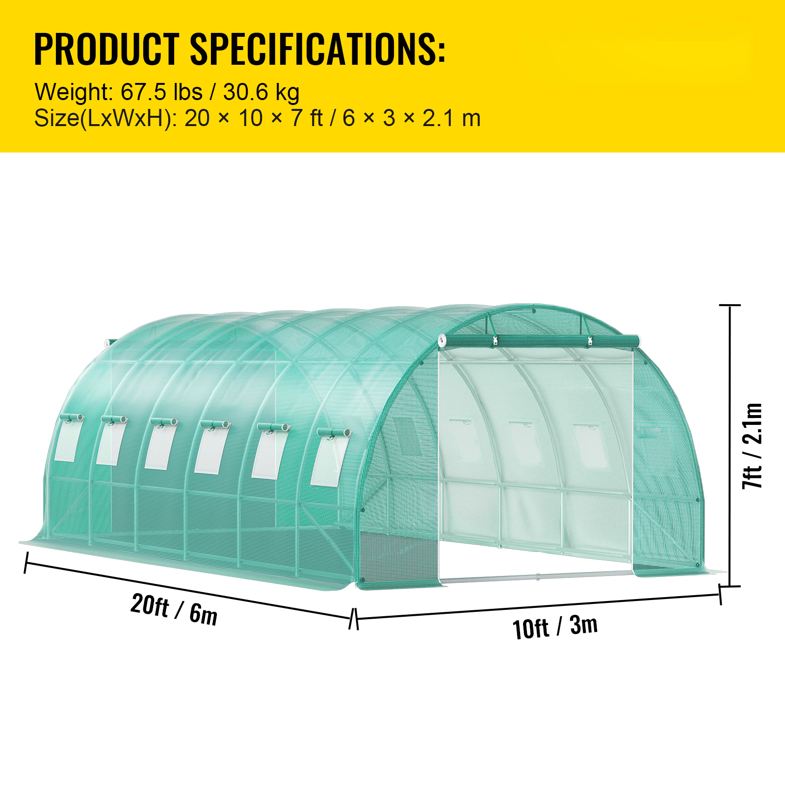 HONGGE Walk-In Tunnel Greenhouse 20 x 10 x 7 ft, Galvanized Steel Hoops, PE Cover, 2 Zippered Doors and 12 Mesh Windows