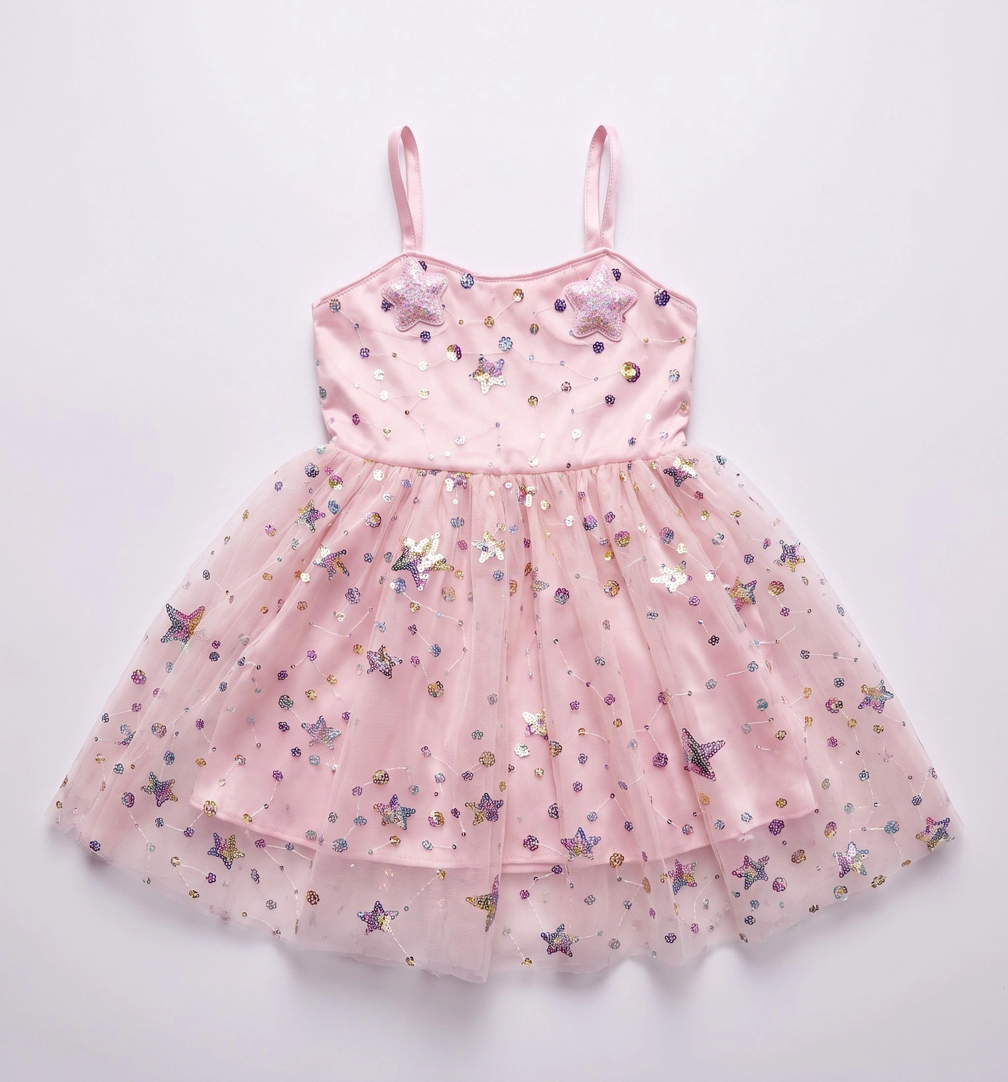2Bunnies Girls 3T-8Y Sequin Star Applique Spaghetti Strap Tulle Party Dress