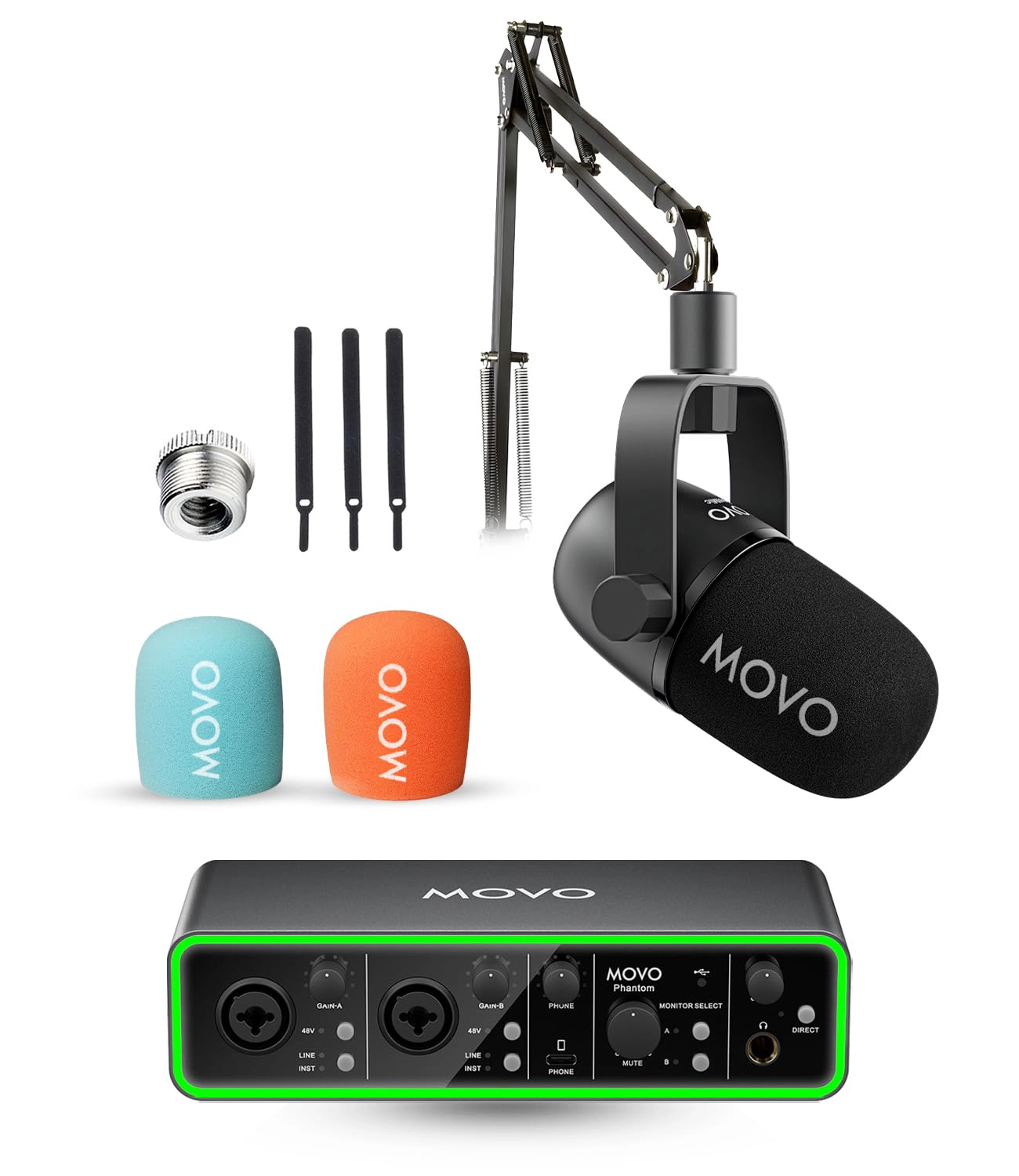 Movo Music Audio Interface Bundle - Phantom USB Audio Interface, CastMic XLR Dynamic Microphone, and Boom Arm