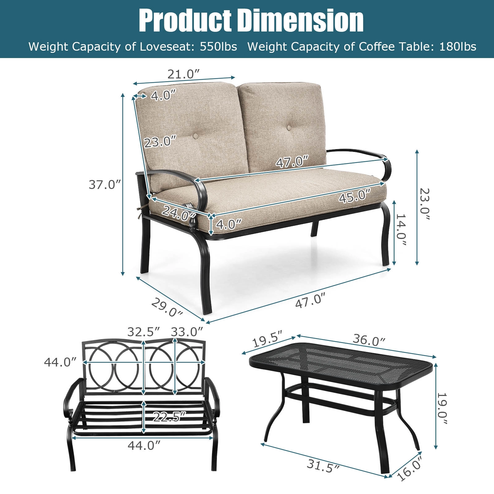 SUGIFT 2-Piece Steel Patio Conversation Loveseat Bench and Coffee Table Set 550-lb Capacity with Cushions Beige