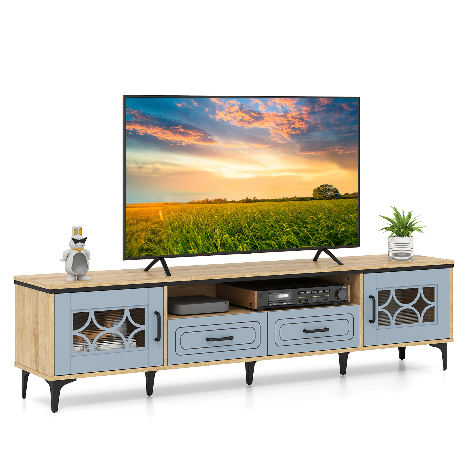 SUGIFT Farmhouse TV Stand for TVs up to 80 Inch with 2 Drawers and Cabinets 110-lb Tabletop Capacity Oak and Gray