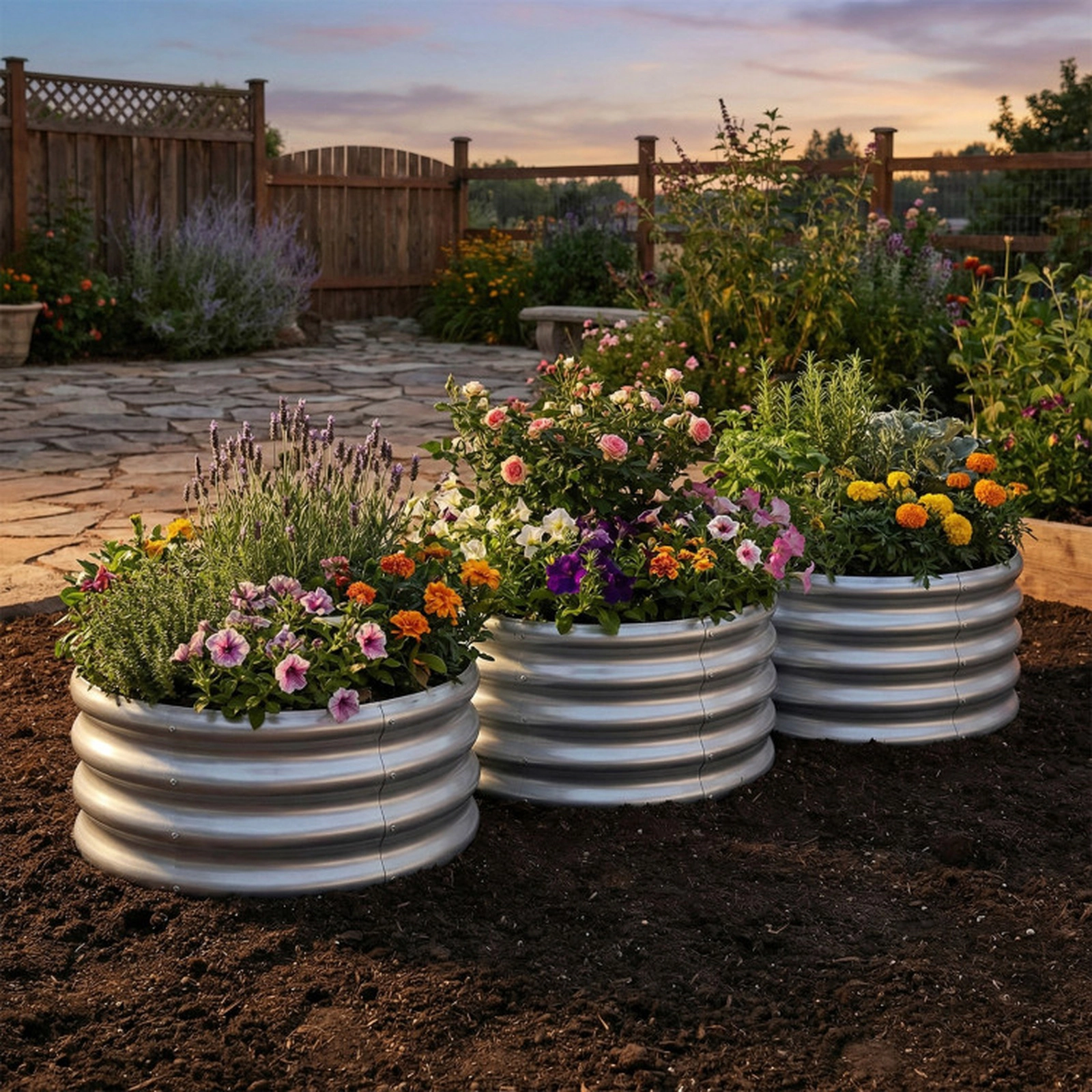 SUGIFT 24-in Round 11.5-in Deep Galvanized Metal Raised Garden Bed with Corrugated Walls and Open-Ended Base
