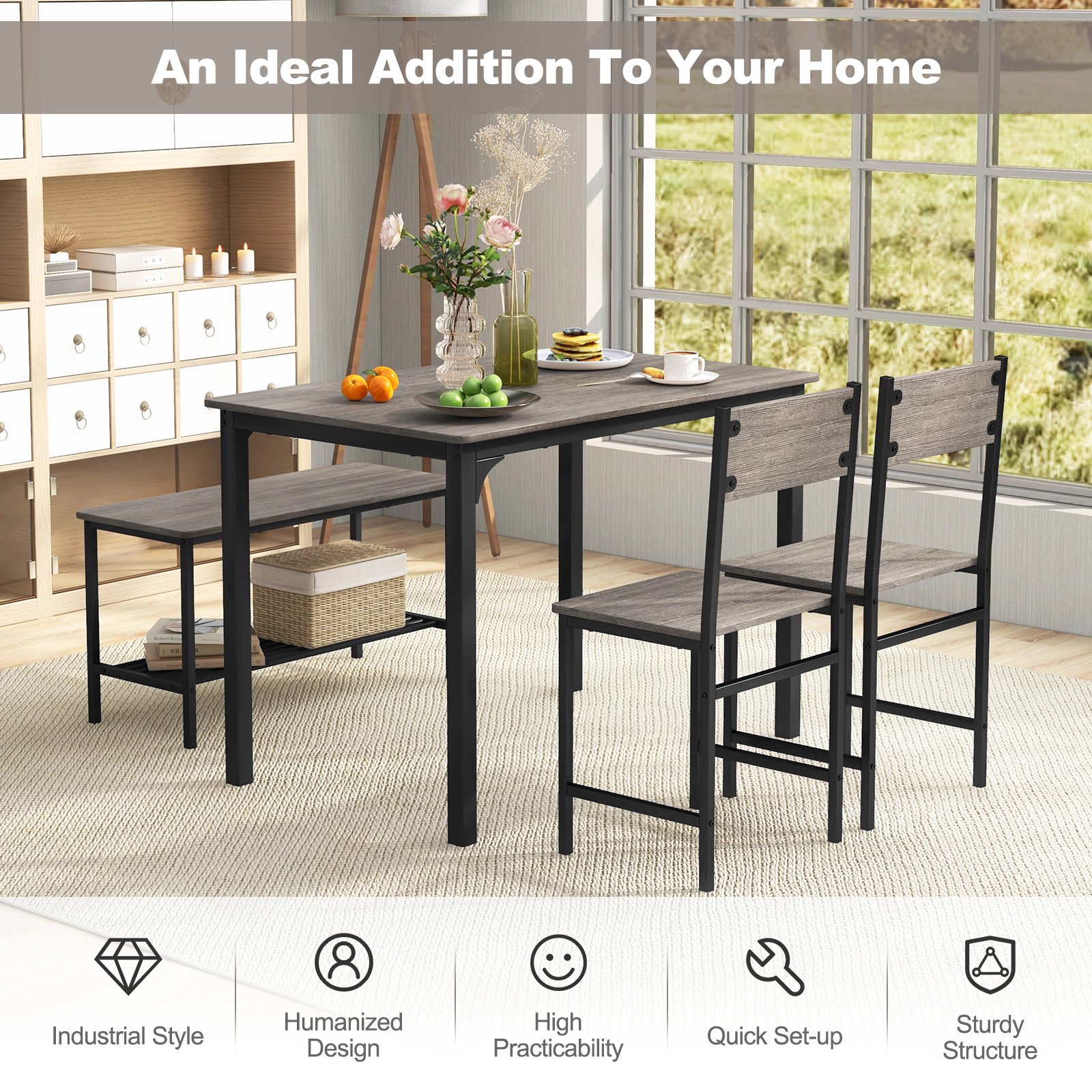 SUGIFT 4-Piece 43-Inch Dining Table Set, Rustic Brown, Bench, 2 Chairs, Storage Rack