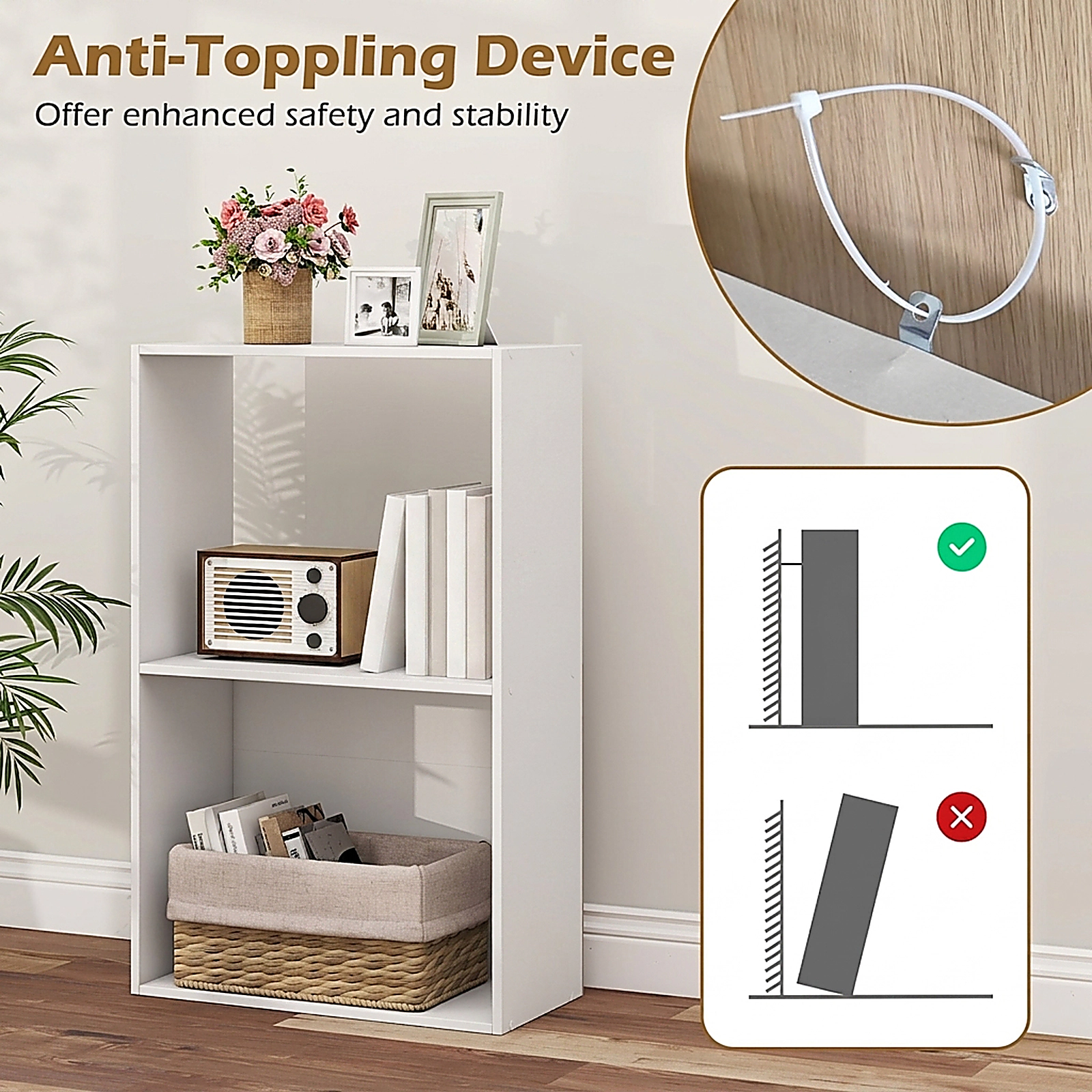SUGIFT 3-Tier 2-Cube White 31-in Freestanding Bookshelf Display Shelf with Anti-Toppling Kit for Bedroom