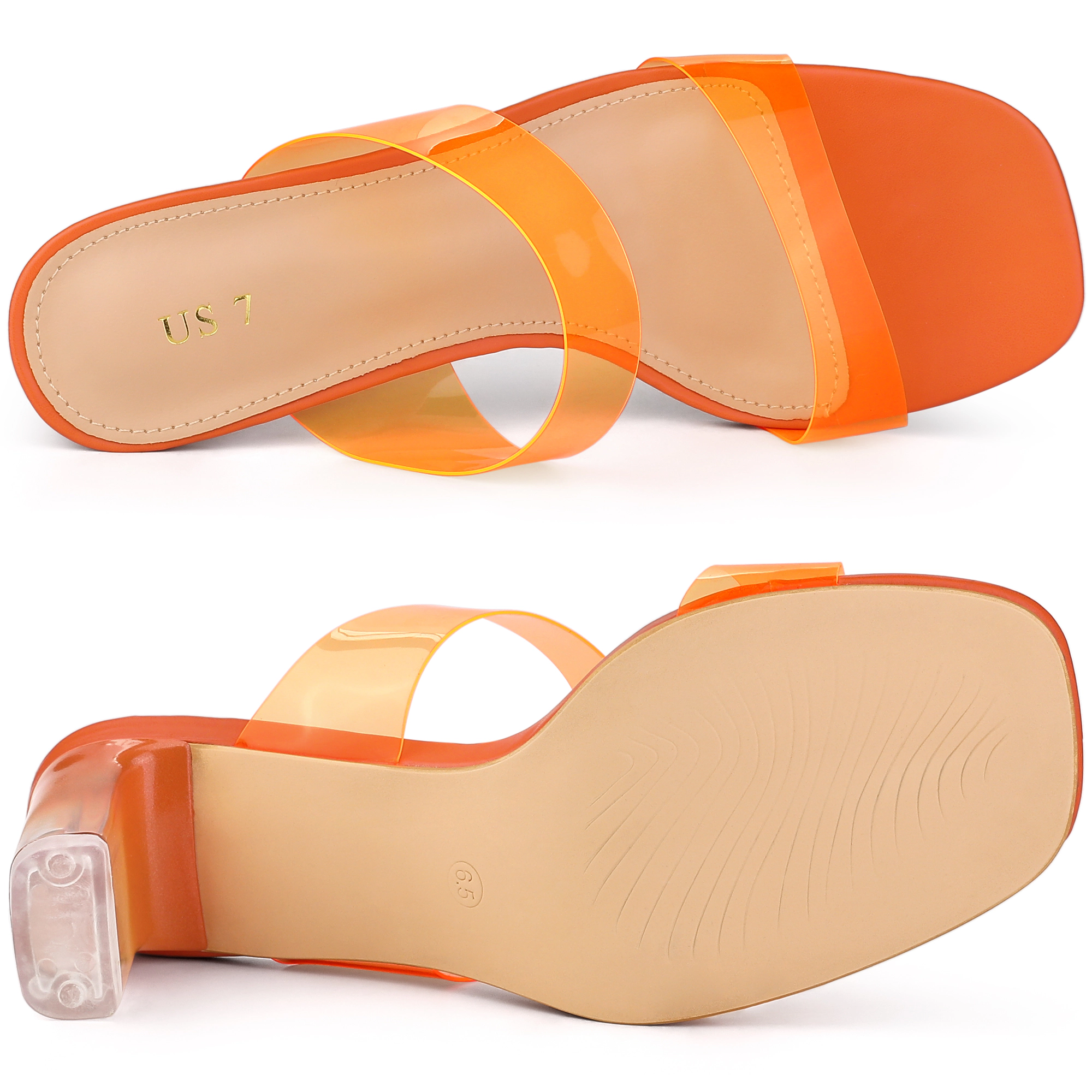 BLISSFUL STEP Women's Colorful Straps Chunky Heel Clear PVC Sandals Slides