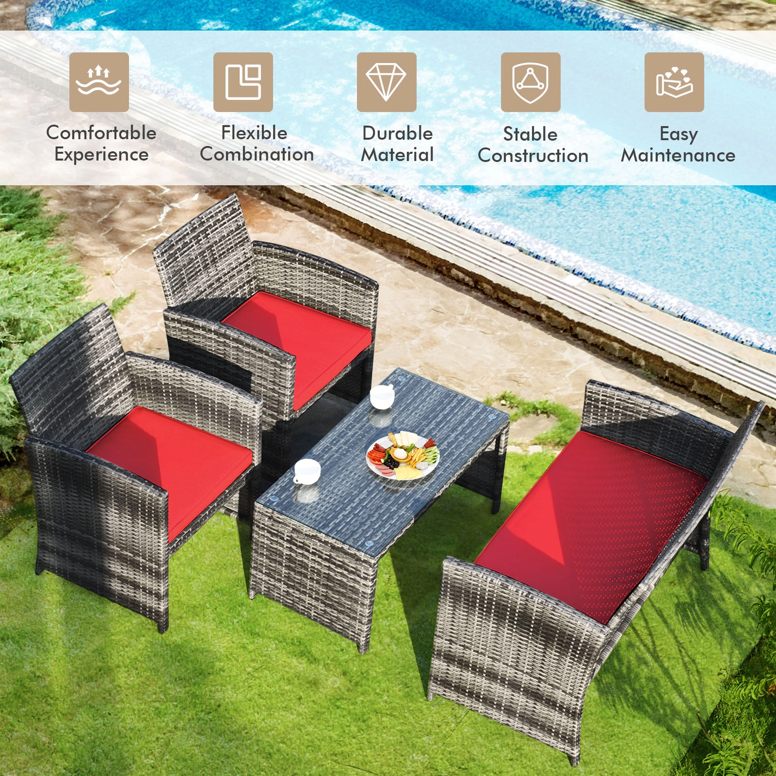 SUGIFT Loveseat 2 Chairs and Glass Table 4-Piece Patio Rattan Conversation Set