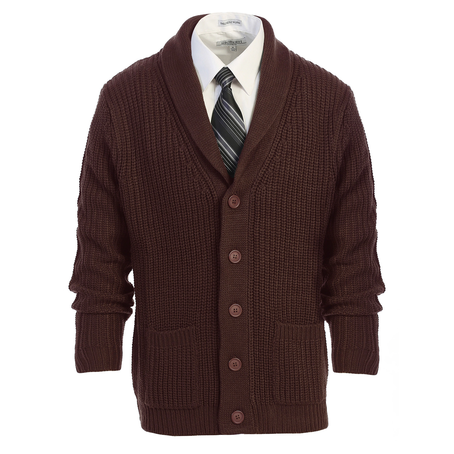 Gioberti Men's Heavy Weight Shawl Collar Knitted Regular Fit Cardigan With Faux Suede Elbow Patch